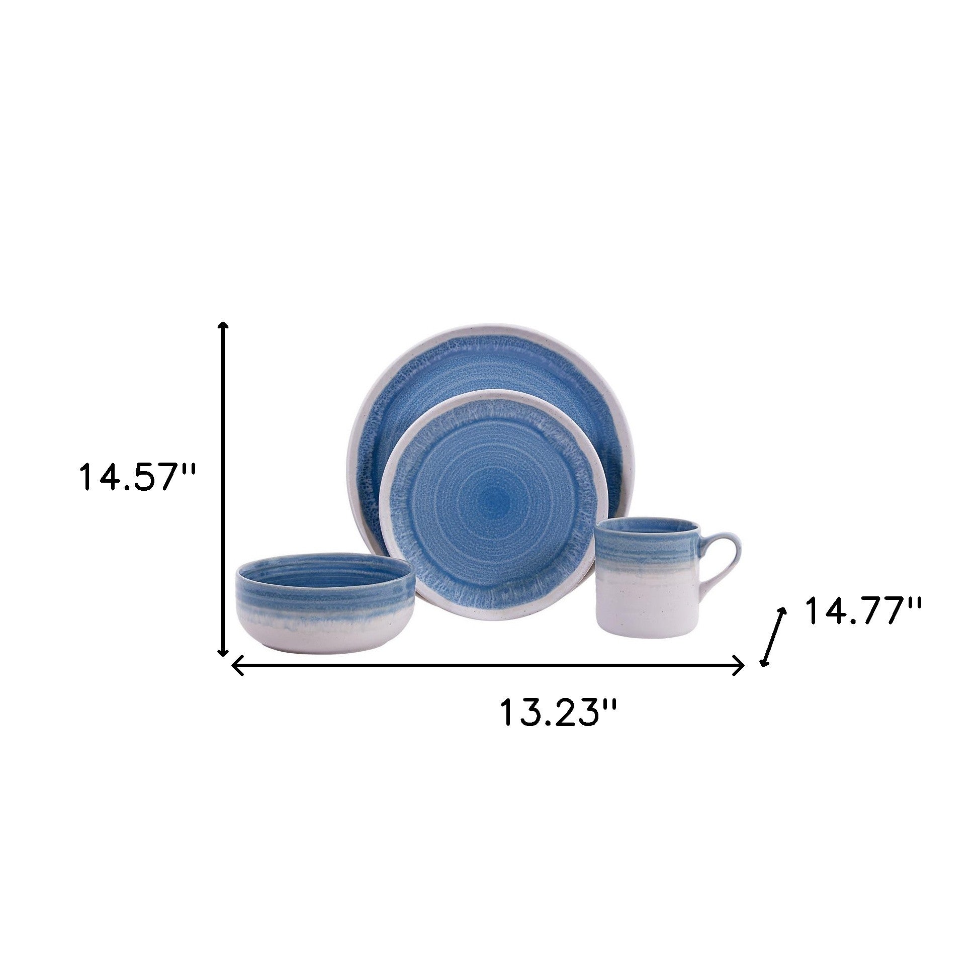 Blue and White Sixteen Piece Round Tone on Tone Ceramic Service For Four Dinnerware Set