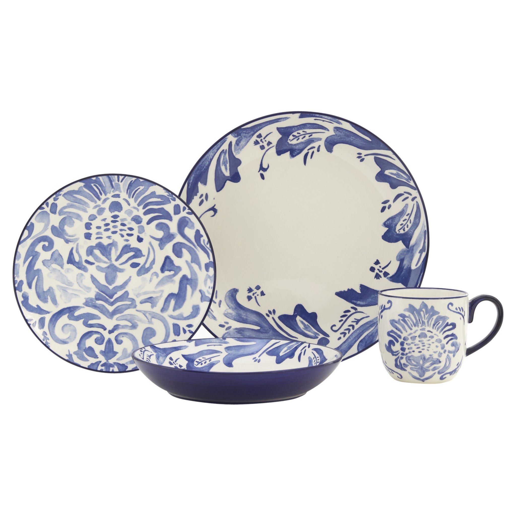 Blue and White Sixteen Piece Round Floral Ceramic Service For Four Dinnerware Set