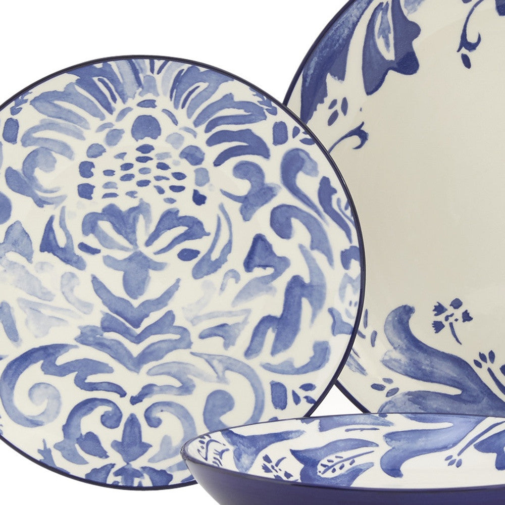 Blue and White Sixteen Piece Round Floral Ceramic Service For Four Dinnerware Set