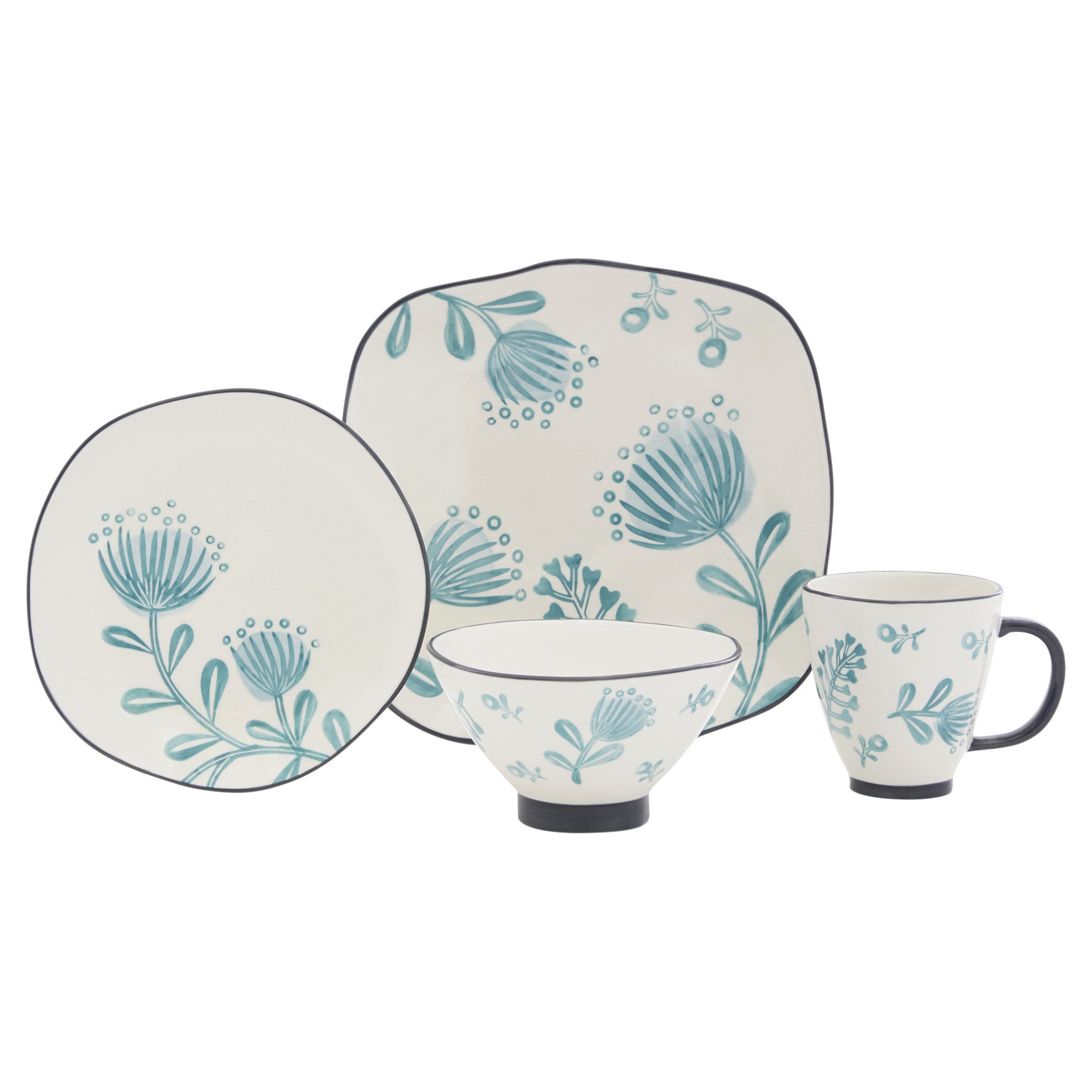 Blue and White Sixteen Piece Round Floral Ceramic Service For Four Dinnerware Set