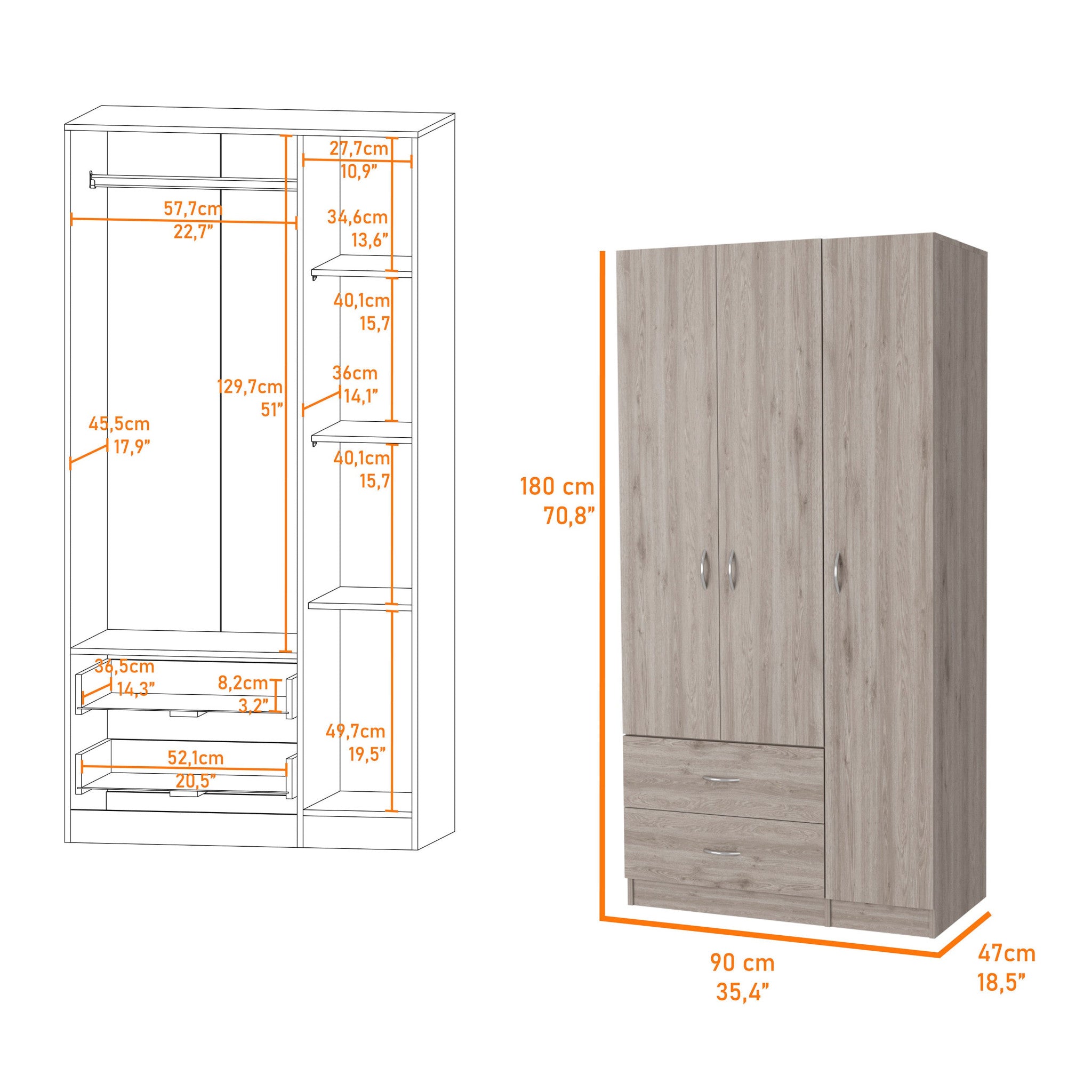 35" Light Gray Two Drawer Combo Dresser