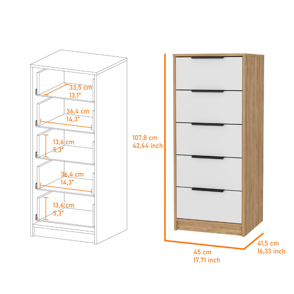 18" White and Natural Five Drawer Standard Chest