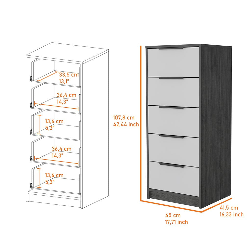 18" White and Gray Five Drawer Standard Chest