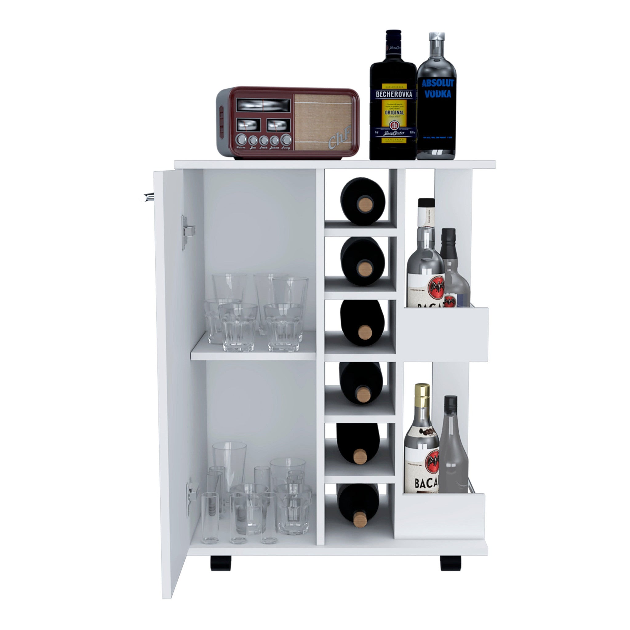 White Rolling Bar Cart With Wine Storage