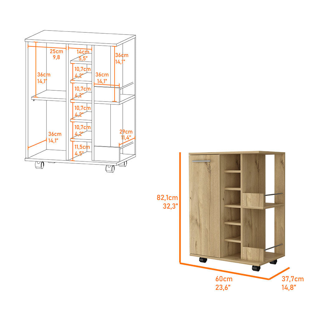 Oak Rolling Bar Cart With Wine Storage