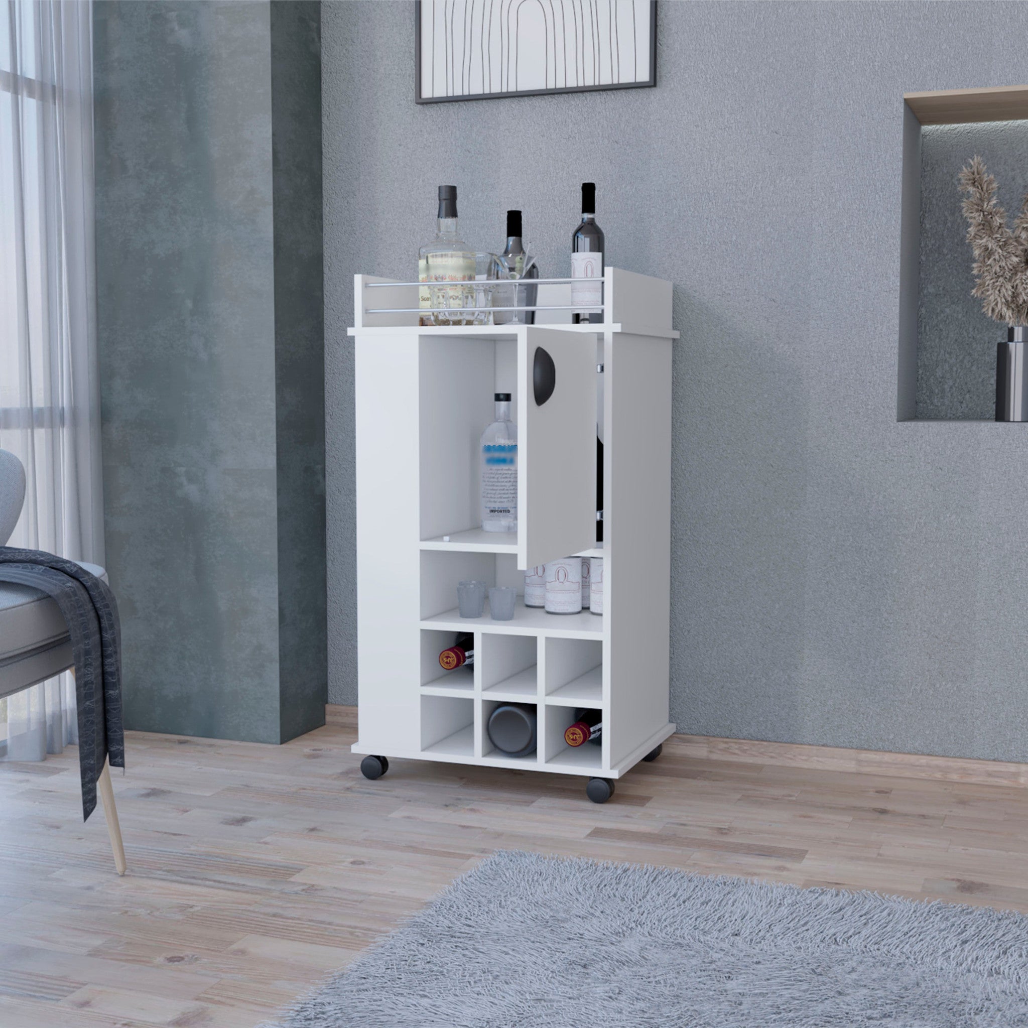 White Rolling Bar Cart With Wine Storage