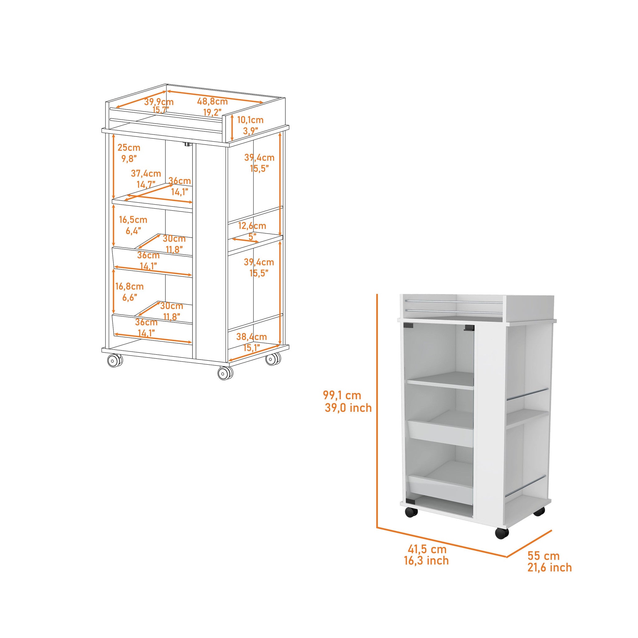 White Rolling Bar Cart With Wine Storage