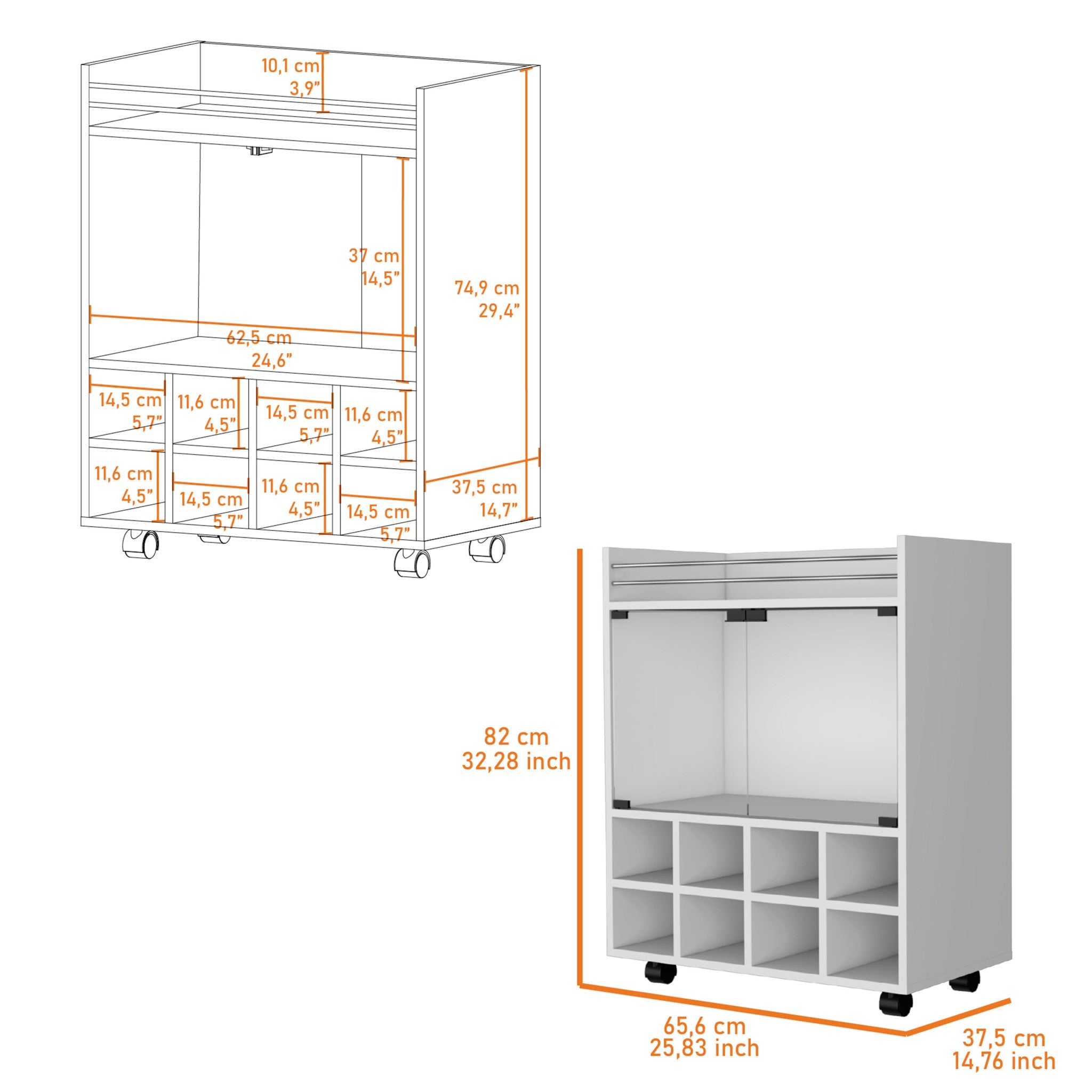 White Rolling Bar Cart With Wine Storage