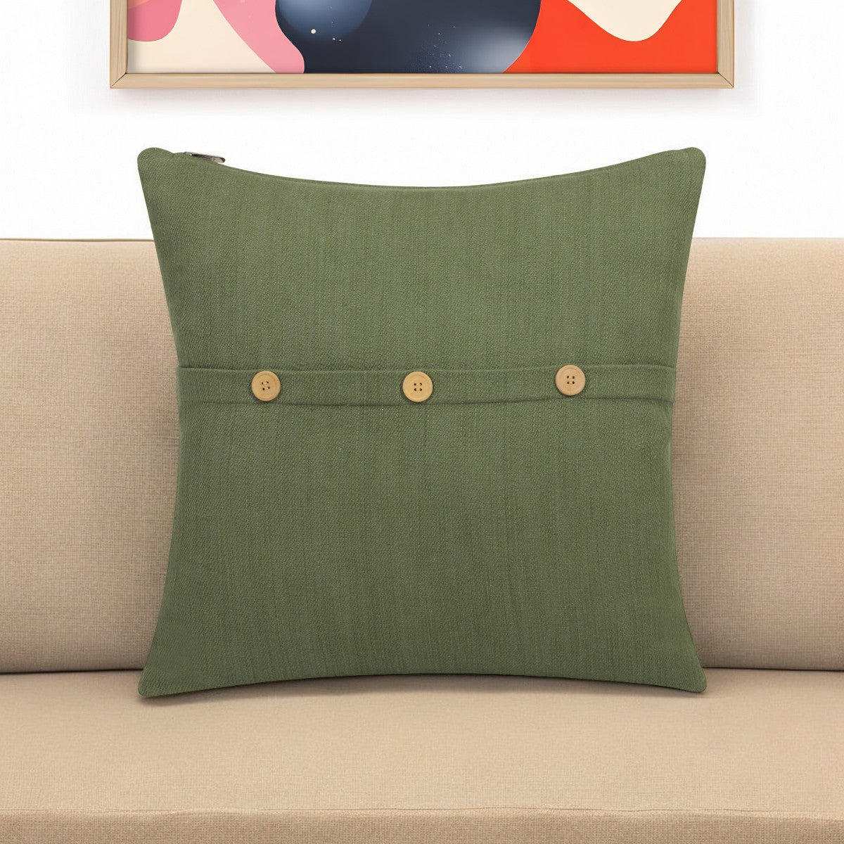 20" Forest Green Cotton Throw Pillow With Buttons