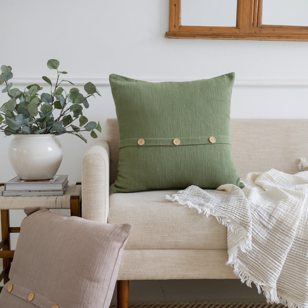 20" Forest Green Cotton Throw Pillow With Buttons