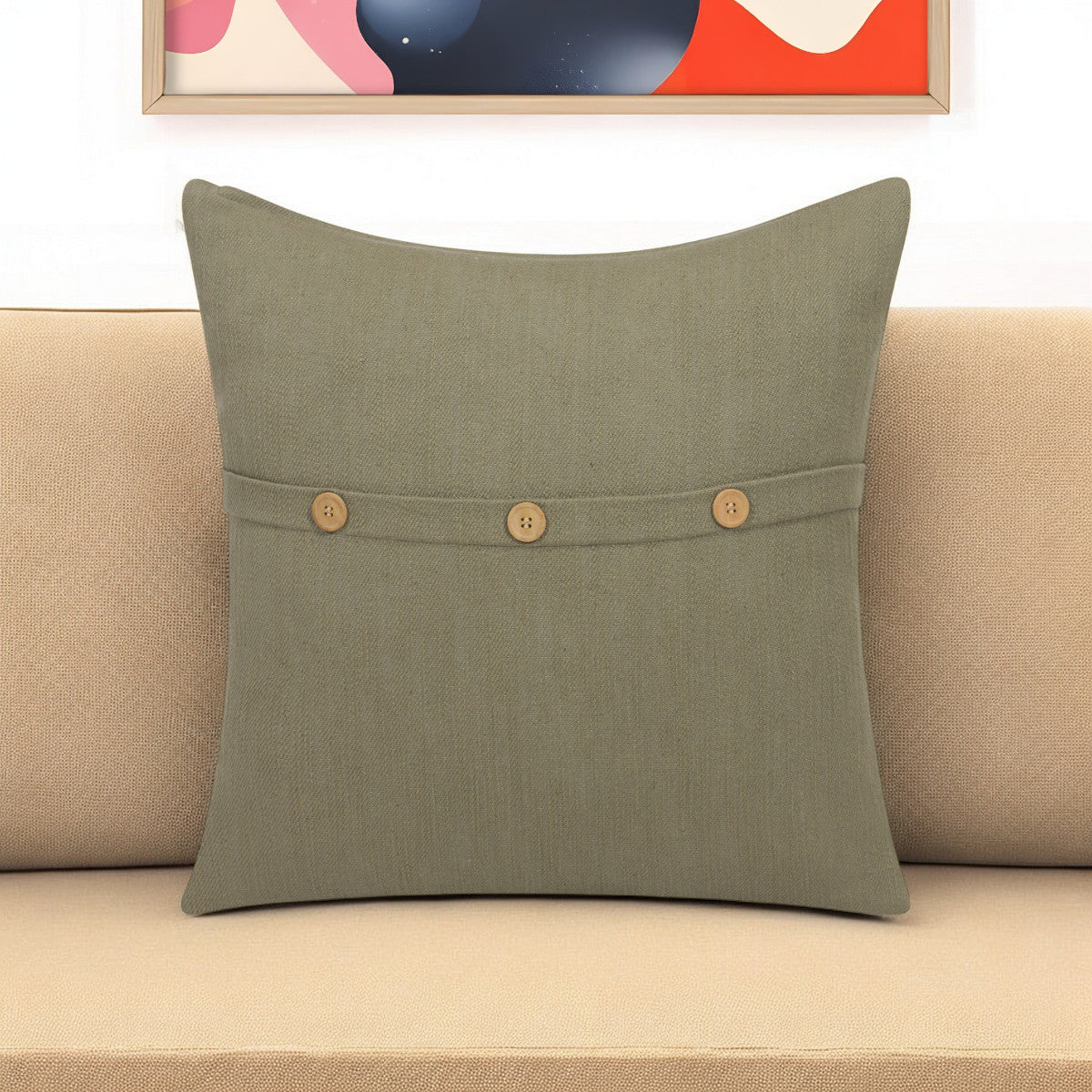 20" Forest Green Cotton Throw Pillow With Buttons