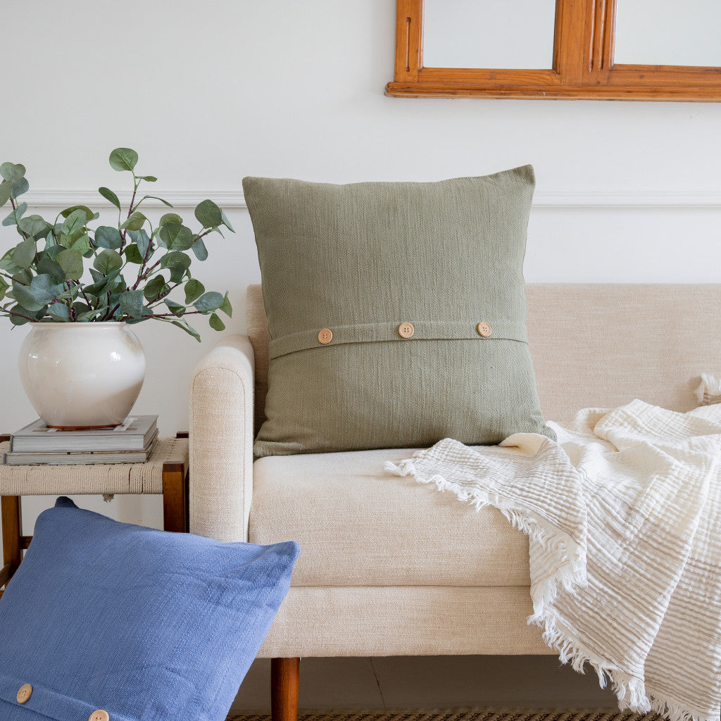 20" Forest Green Cotton Throw Pillow With Buttons