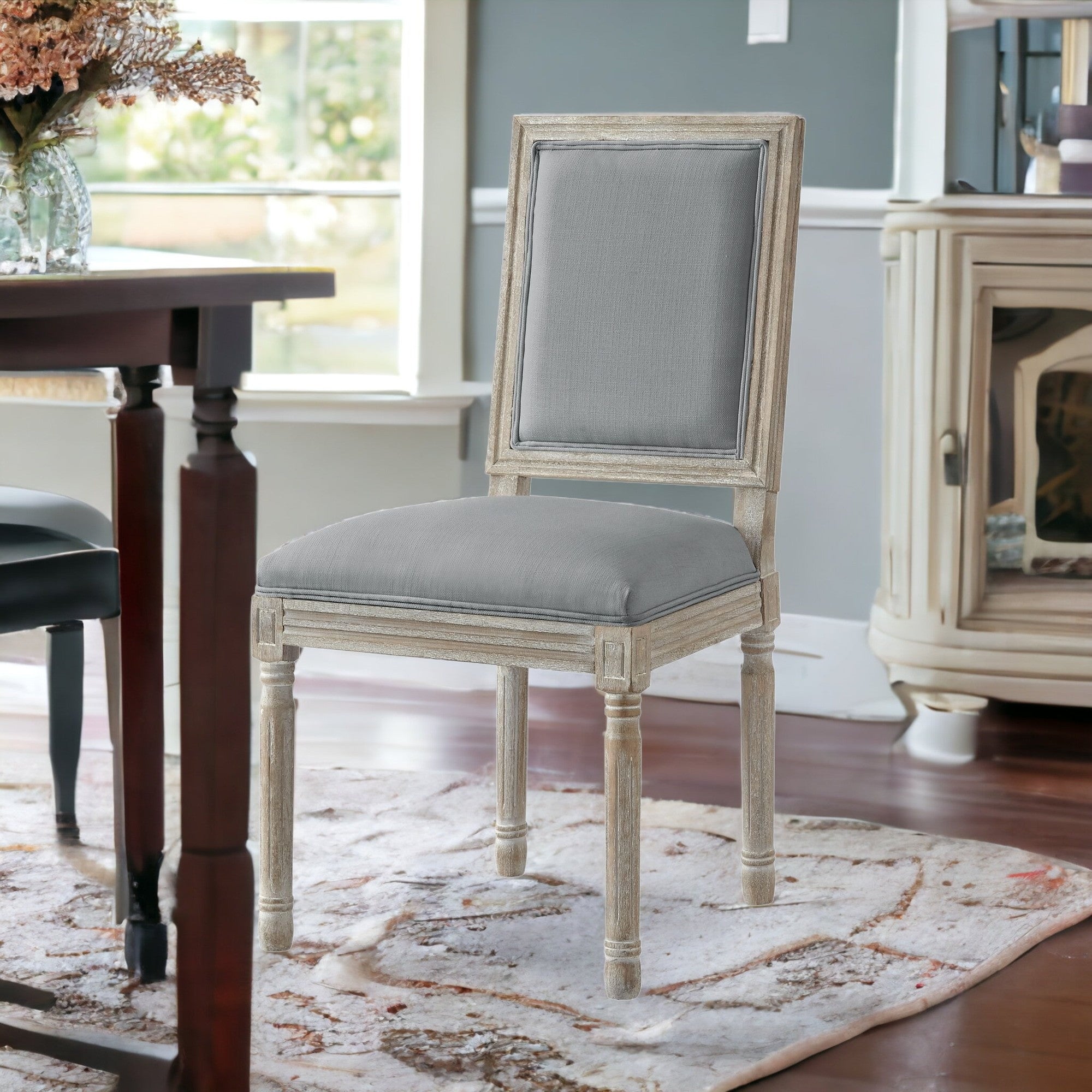 Set of Two Beige and Brown Upholstered Linen Dining Side Chairs