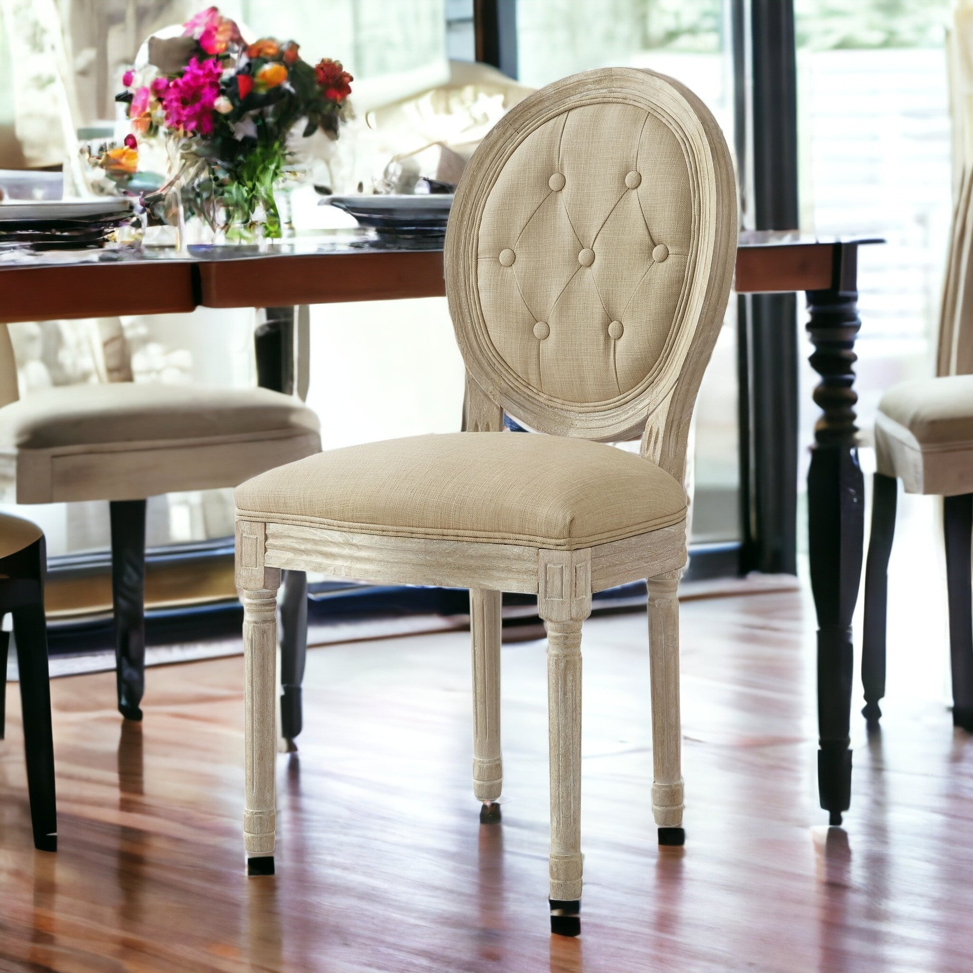 Tufted Gray and Brown Upholstered Linen Dining Side Chair