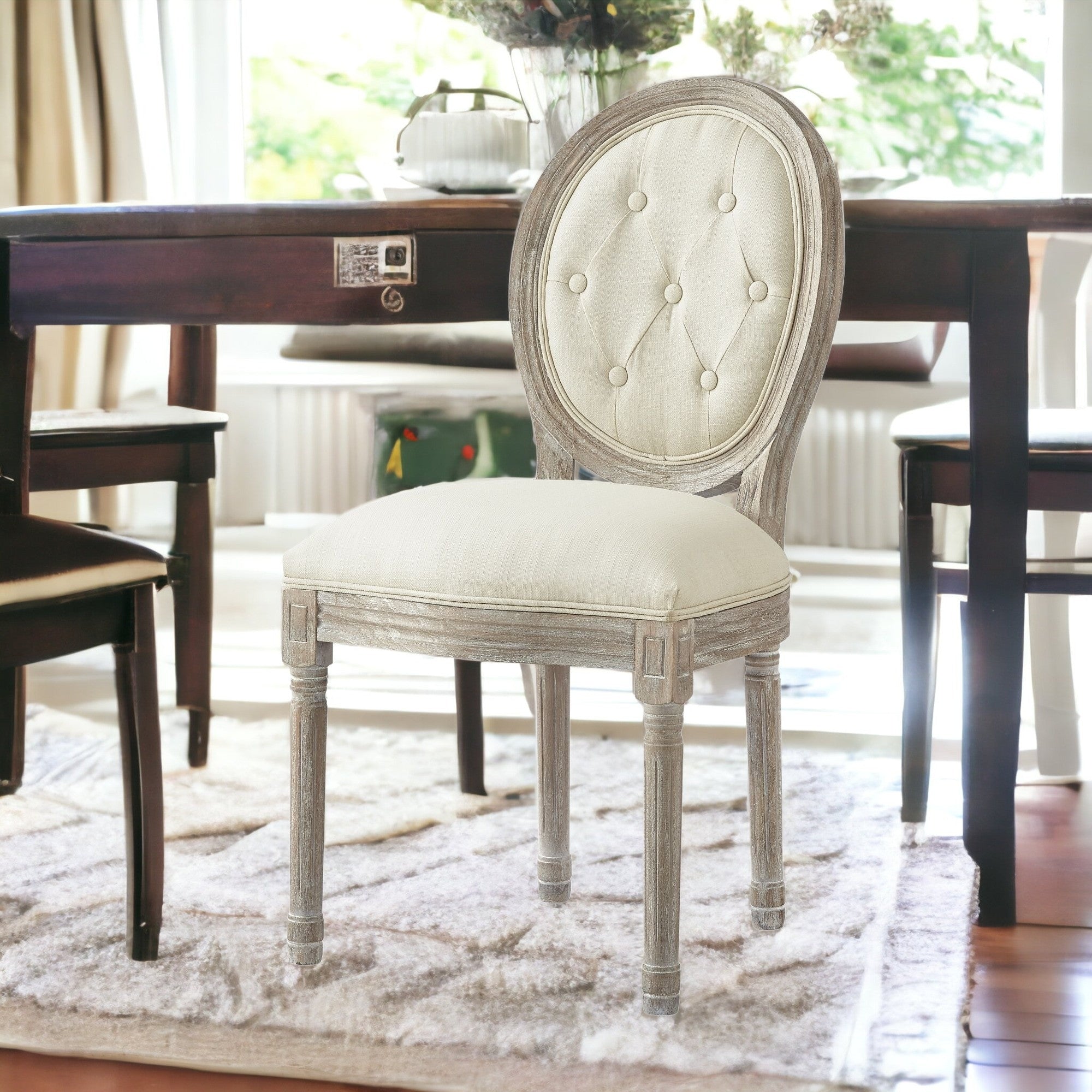 Tufted Beige and Brown Upholstered Linen Dining Side Chair