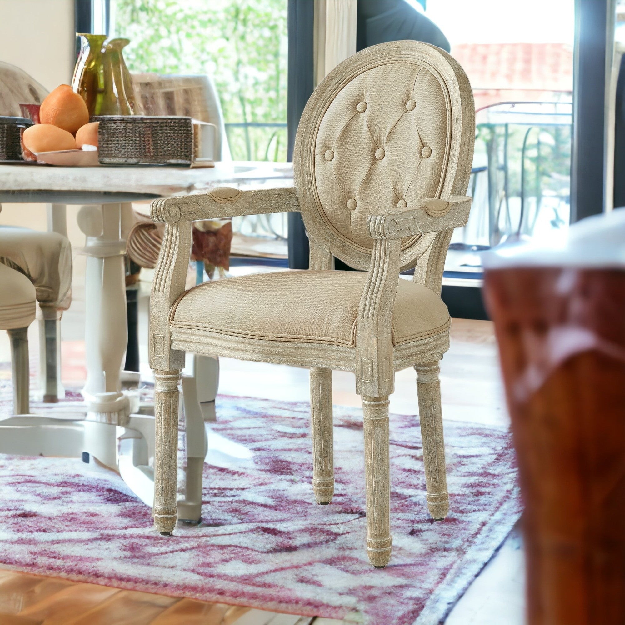 Tufted Beige and Brown Upholstered Linen Dining Arm Chair