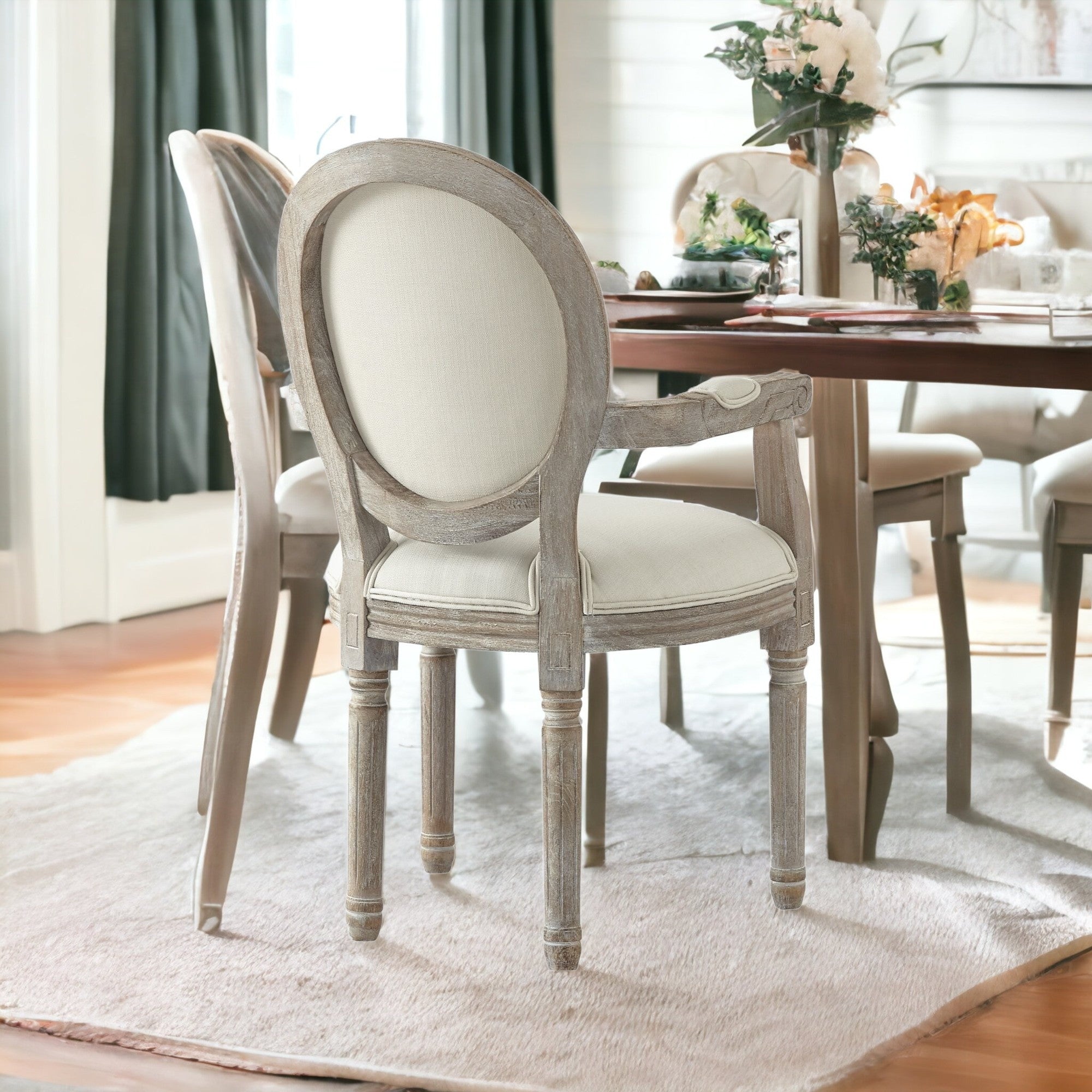 Tufted Beige and Brown Upholstered Linen Dining Arm Chair