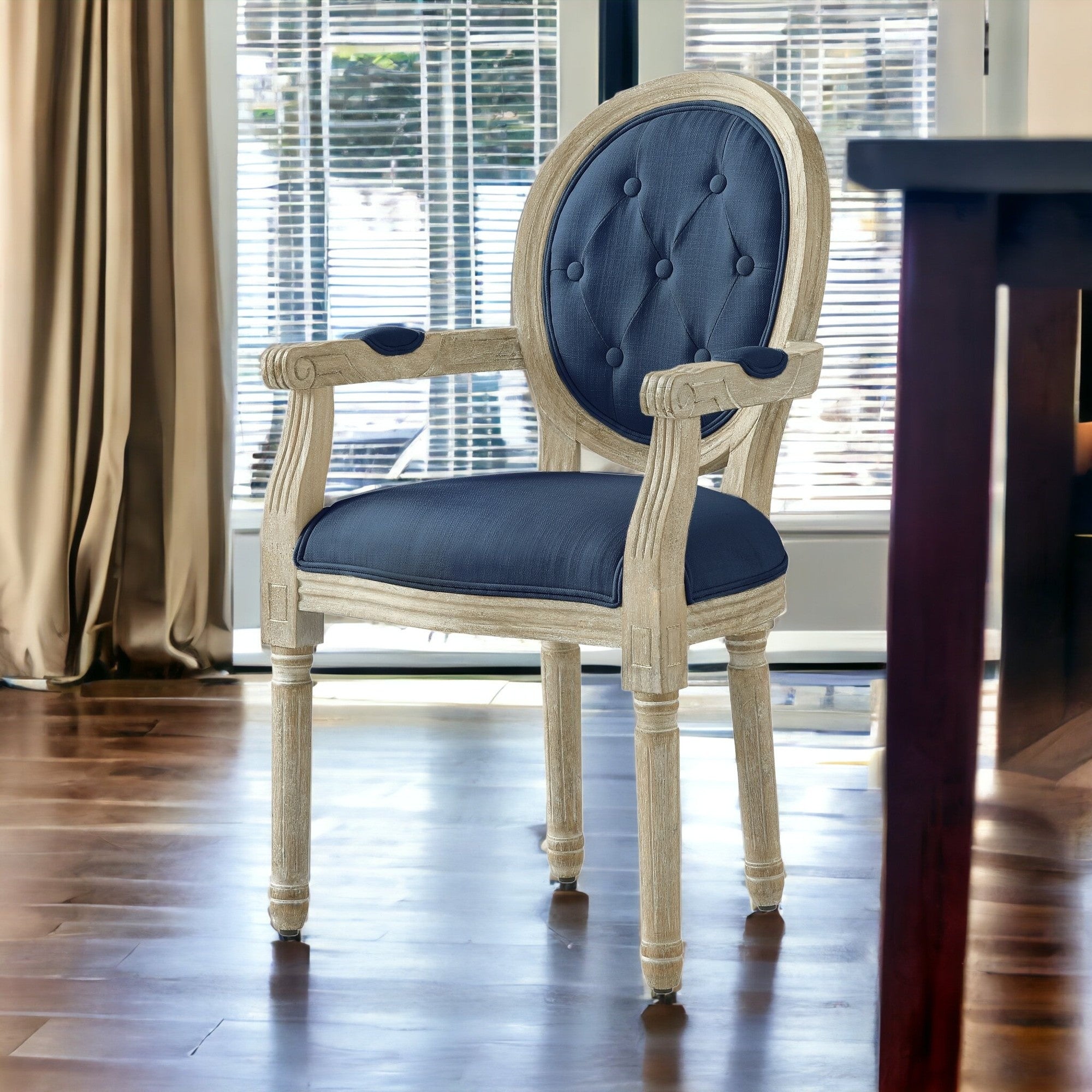 Tufted Beige and Brown Upholstered Linen Dining Arm Chair