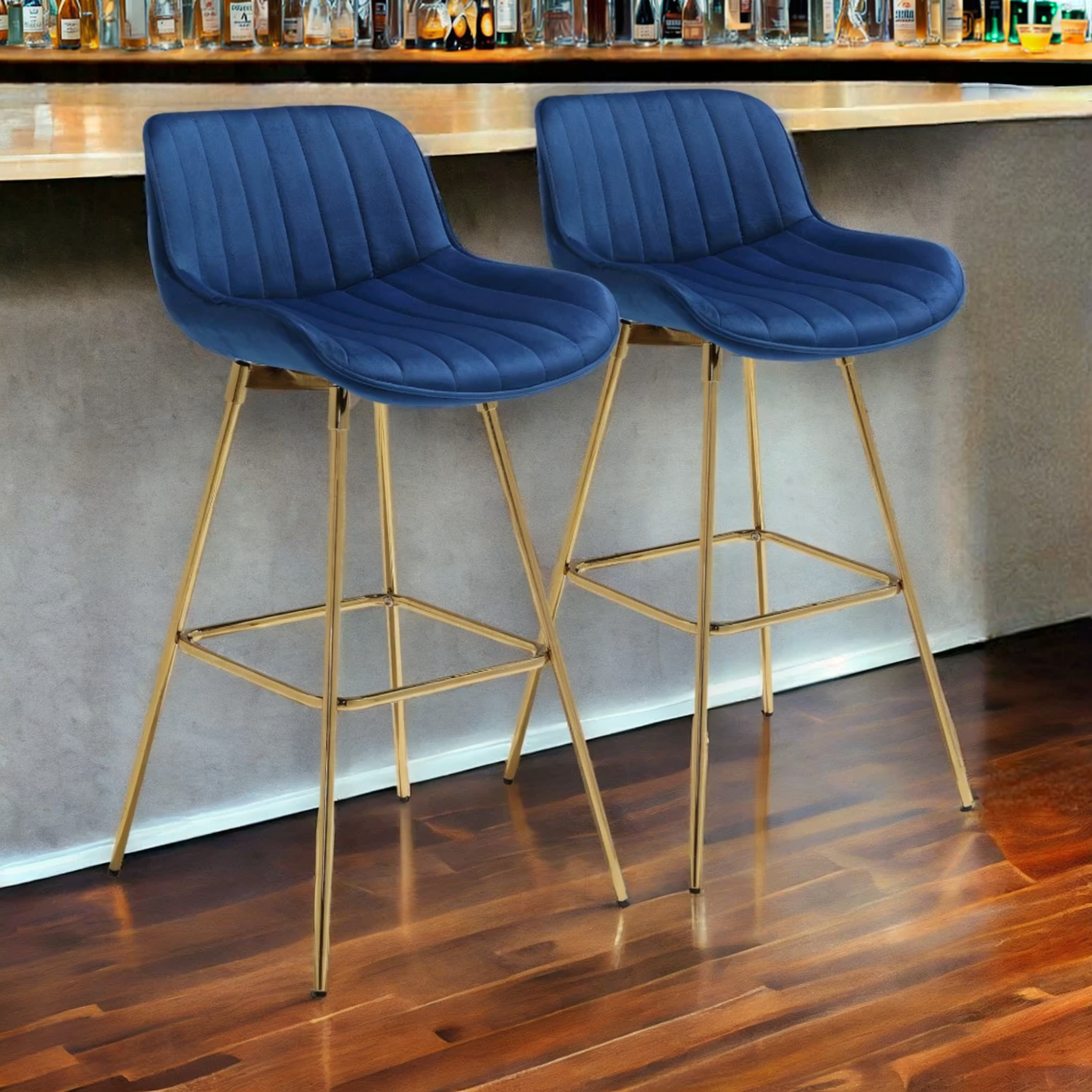 Set of Two 29" Blue And Gold Velvet And Metal Swivel Low Back Bar Height Bar Chairs