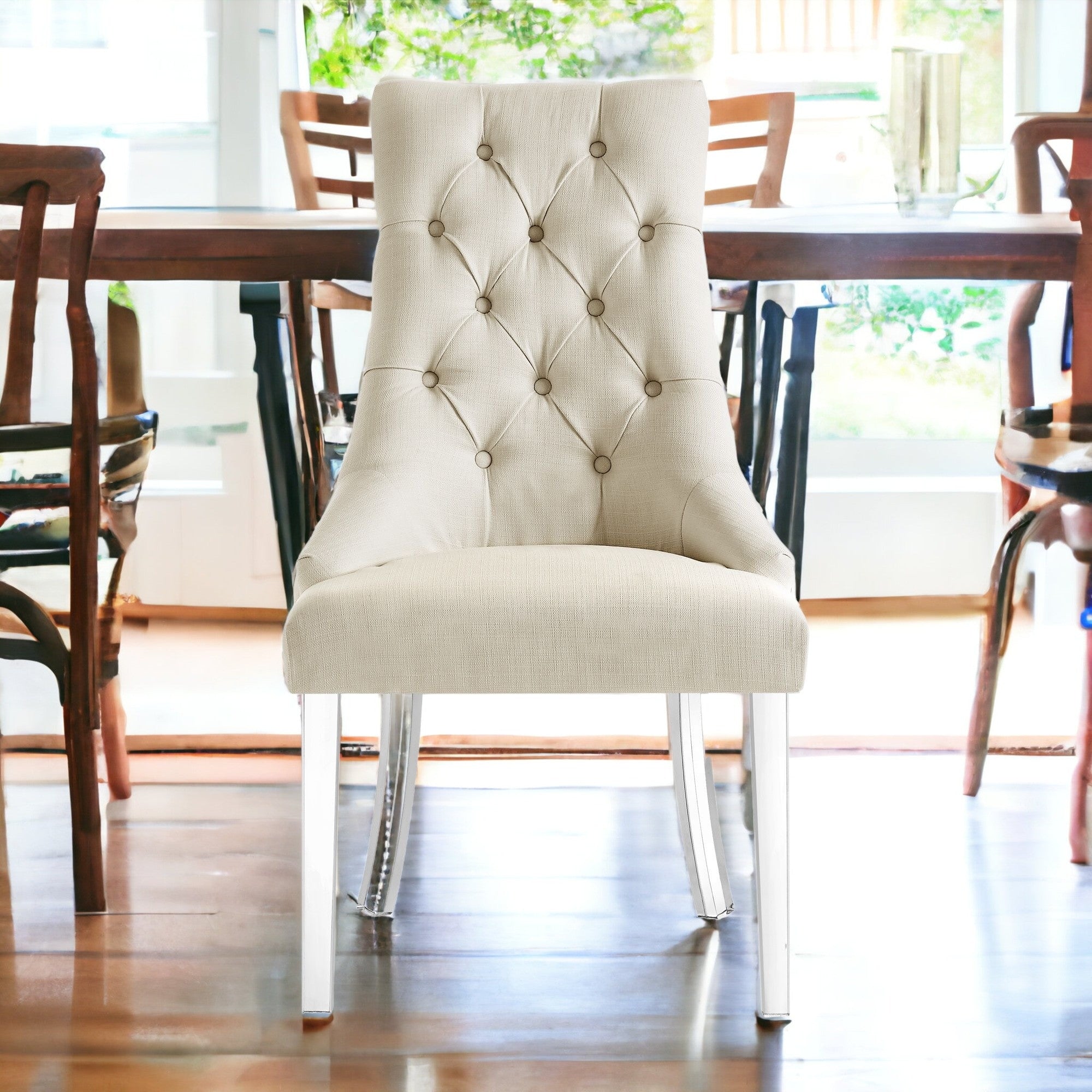 Set of Two Tufted Cream and Clear Upholstered Linen Dining Side Chairs