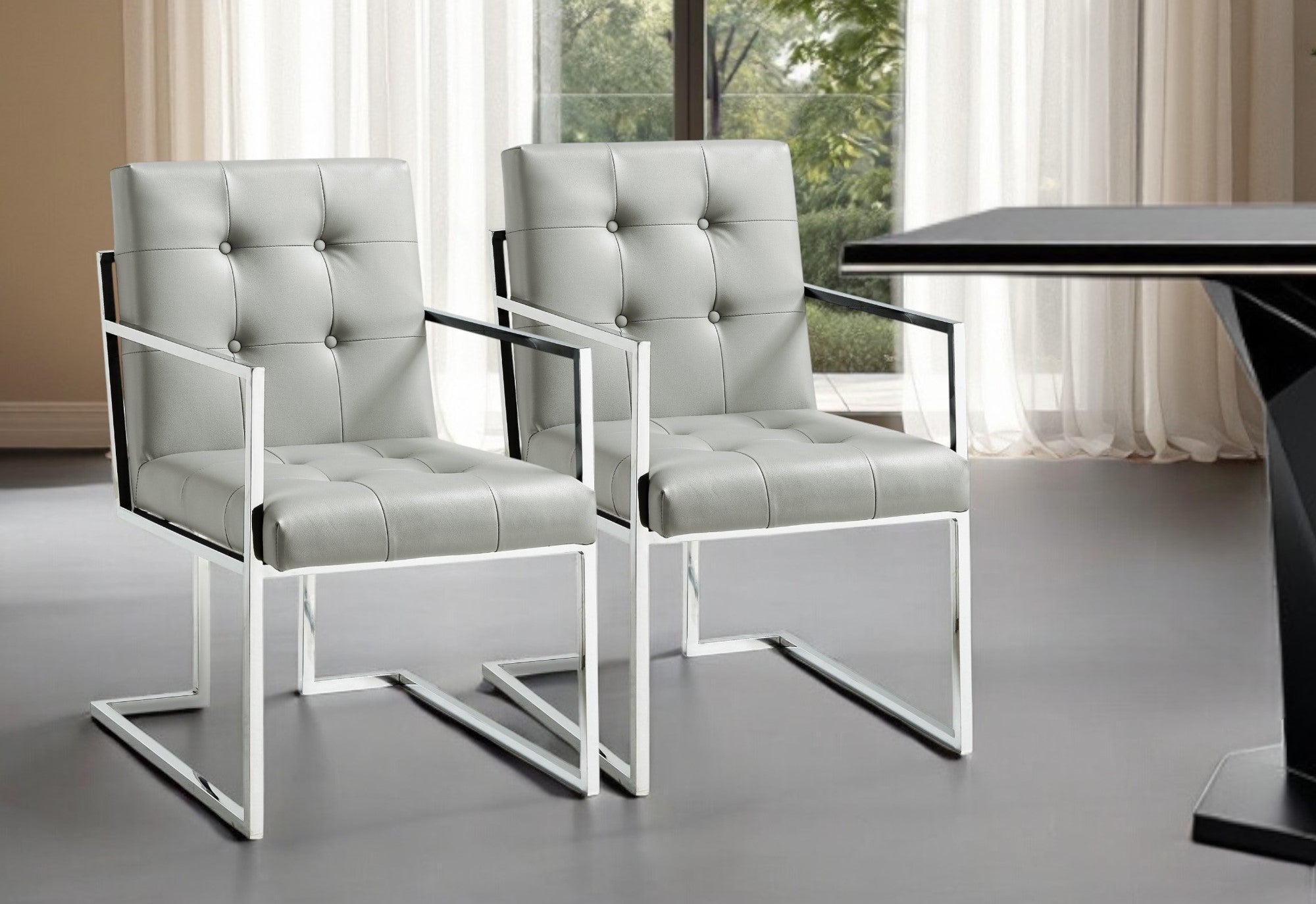 Set of Two Tufted Light Gray and Silver Metallic Upholstered Faux Leather Dining Arm Chairs