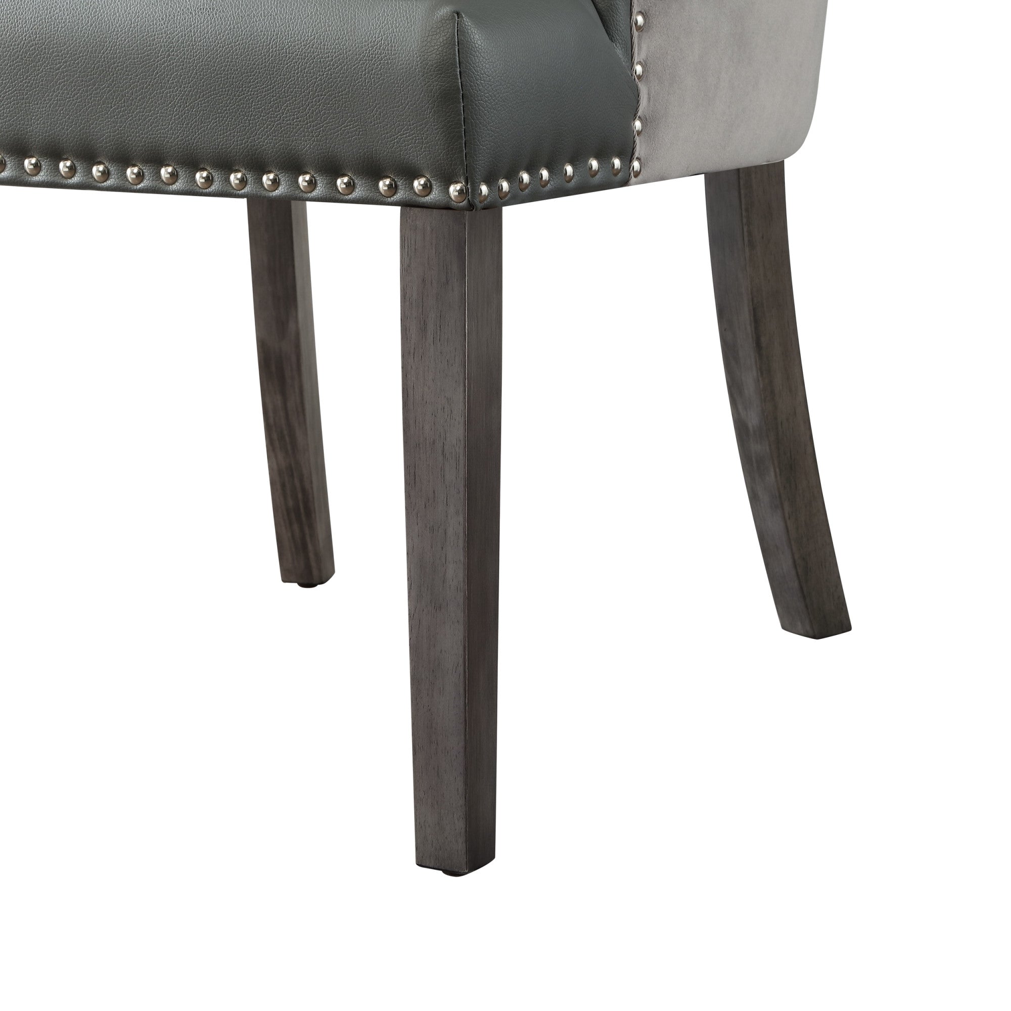 Set of Two Tufted Dark Gray and Black Upholstered Faux Leather Dining Side Chairs