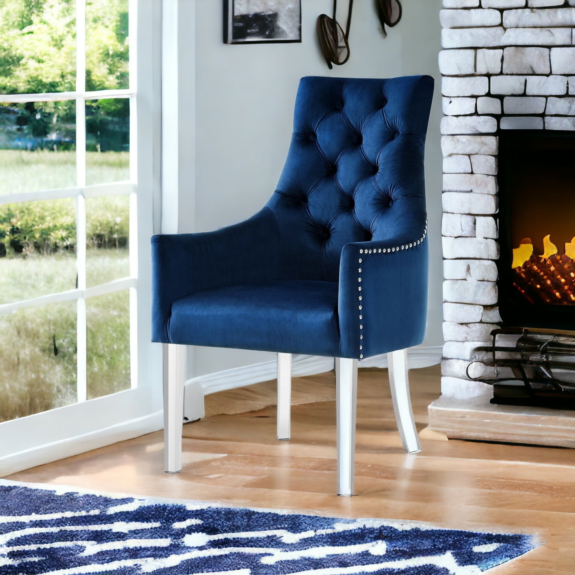 Set of Two Tufted Navy Blue and Clear Upholstered Velvet Dining Arm Chairs