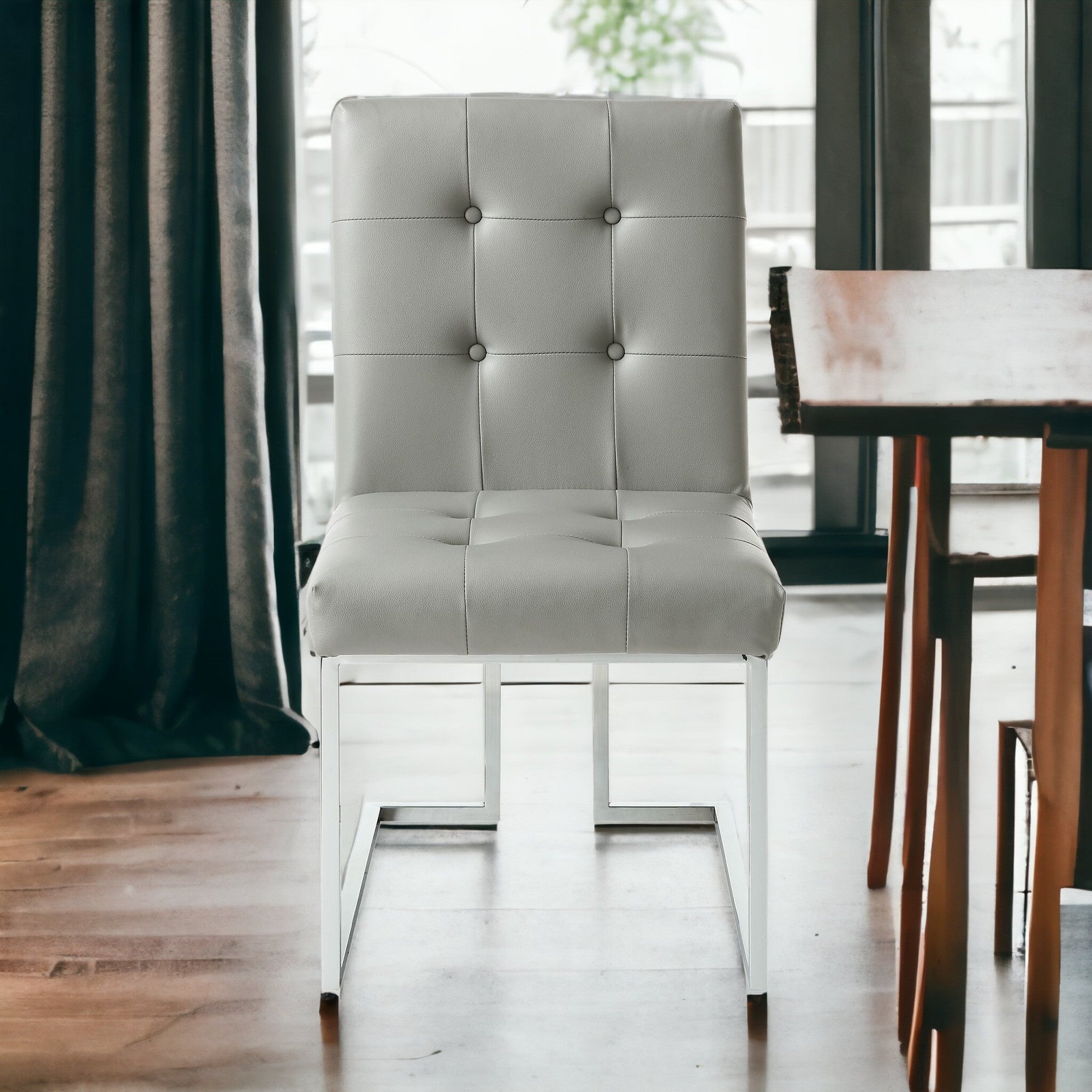 Set of Two Tufted Light Gray and Silver Metallic Upholstered Faux Leather Dining Side Chairs