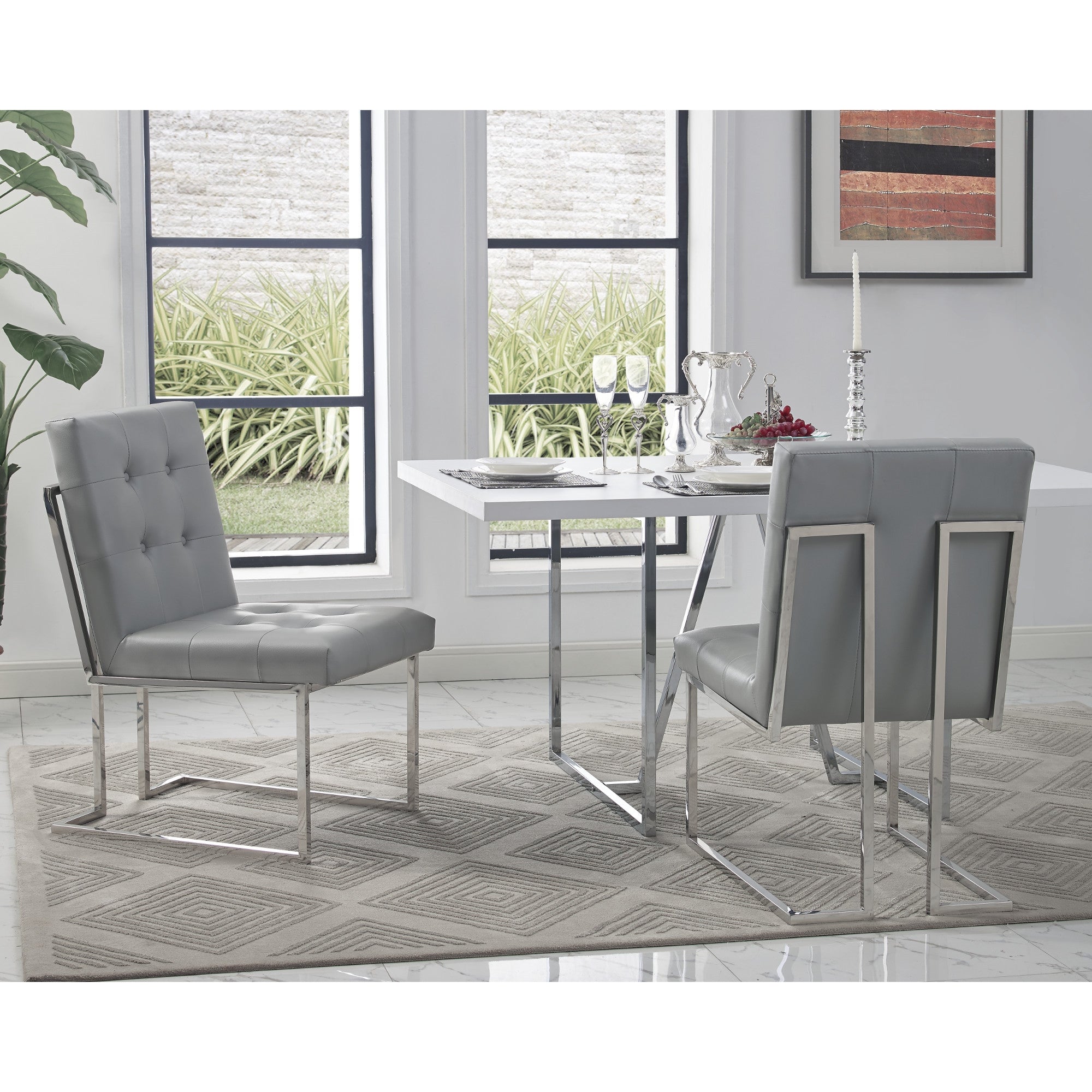 Set of Two Tufted Light Gray and Silver Metallic Upholstered Faux Leather Dining Side Chairs