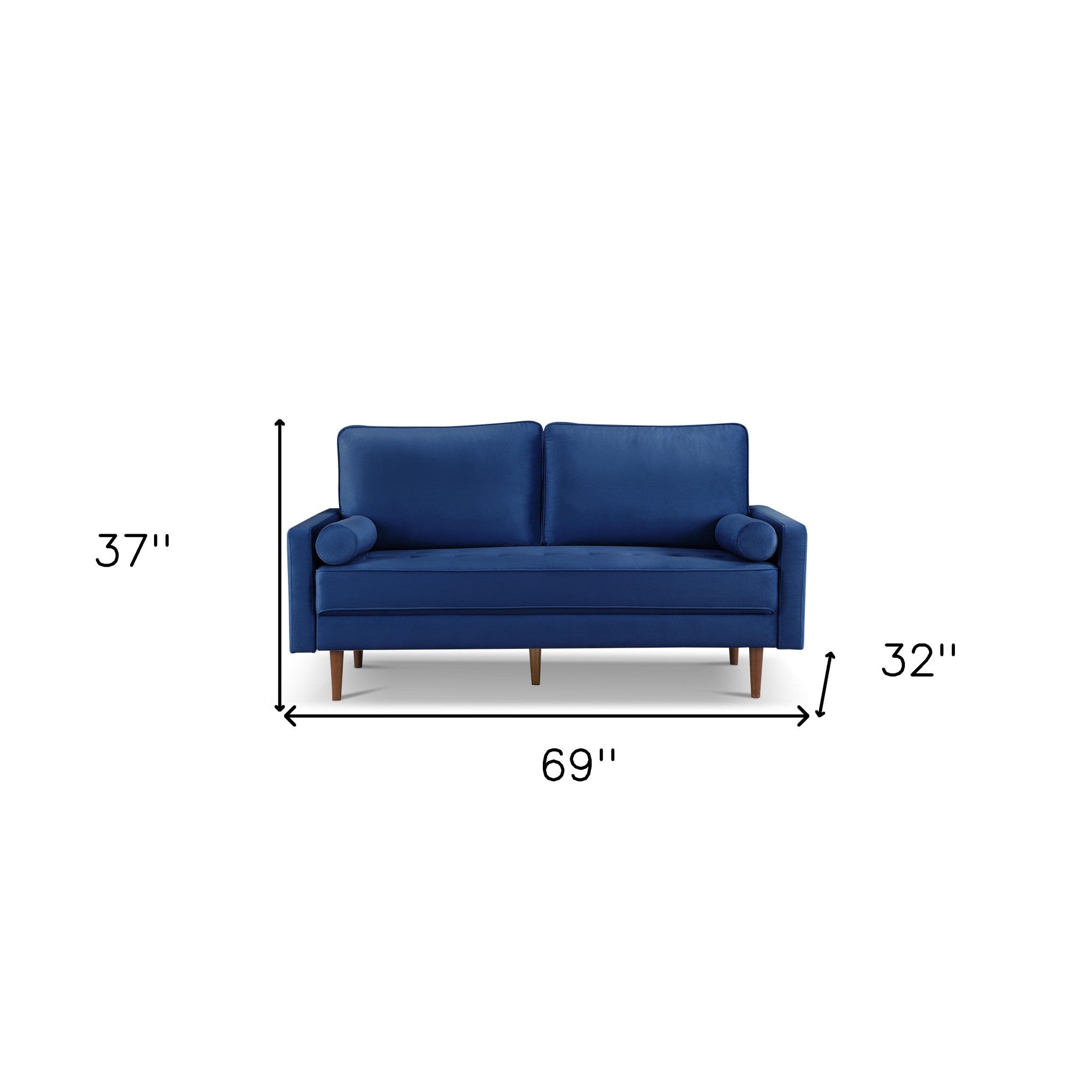 69" Blue Velvet Sofa And Toss Pillows With Dark Brown Legs