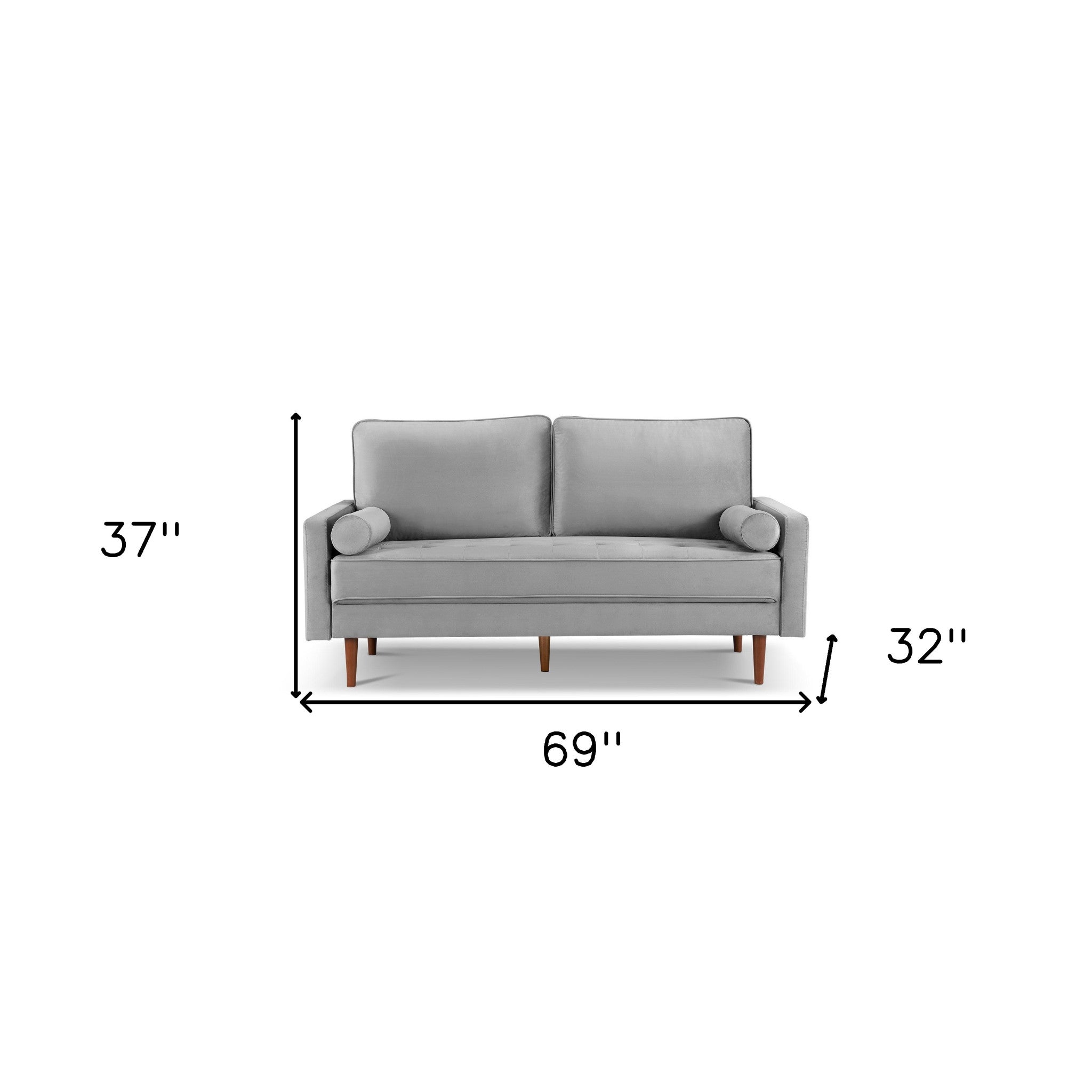 69" Gray Velvet and Dark Brown Sofa and Toss Pillows