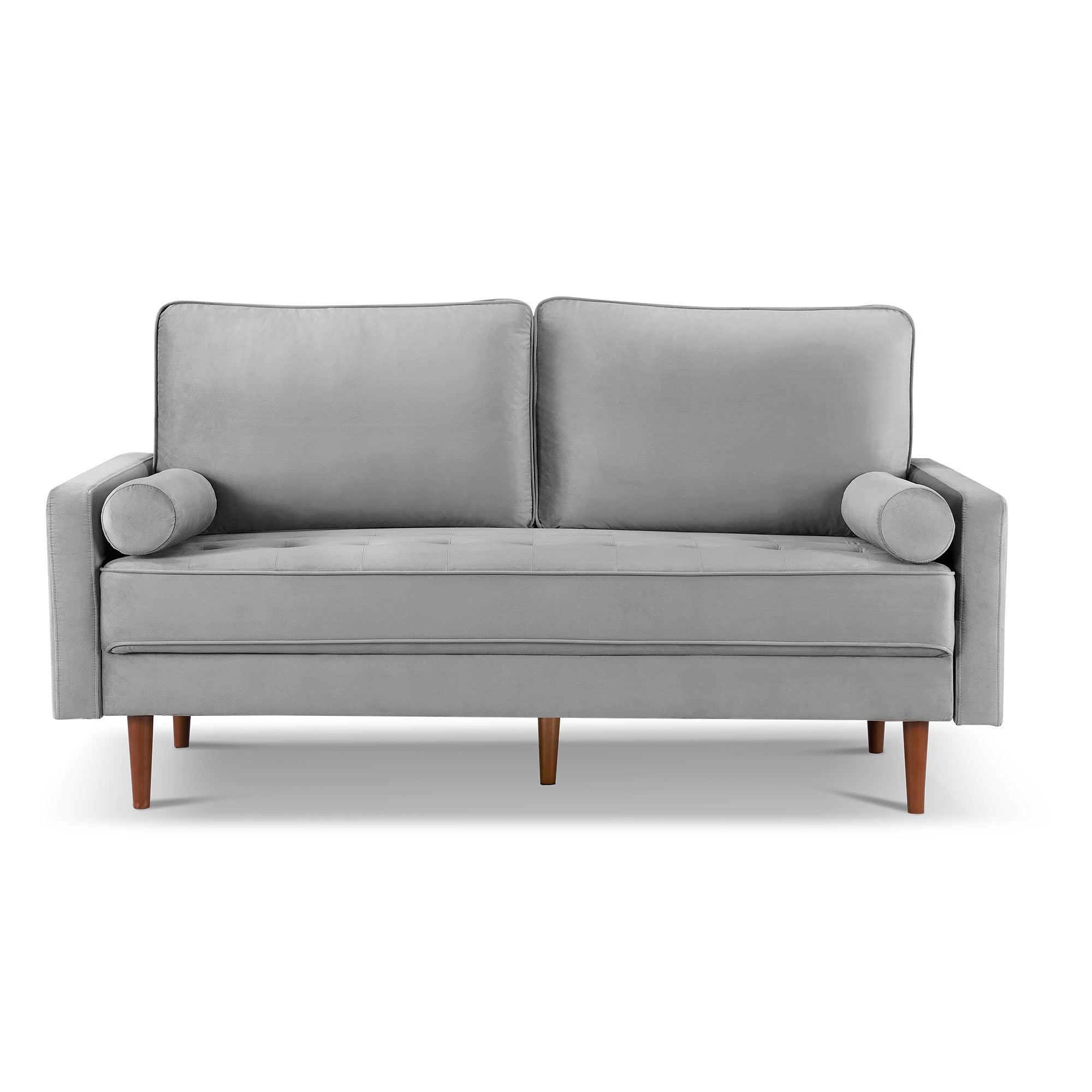 69" Gray Velvet and Dark Brown Sofa and Toss Pillows