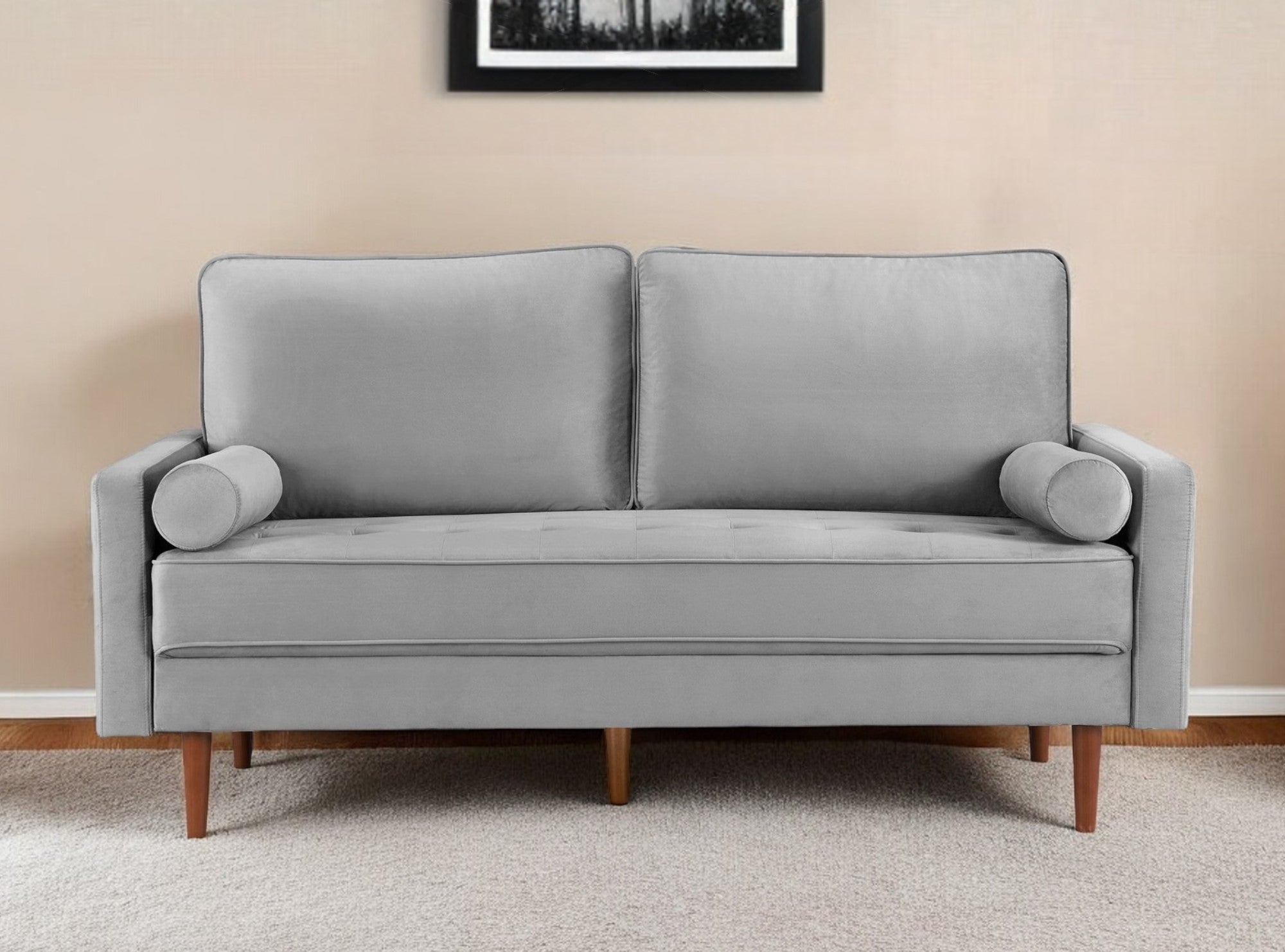 69" Gray Velvet and Dark Brown Sofa and Toss Pillows