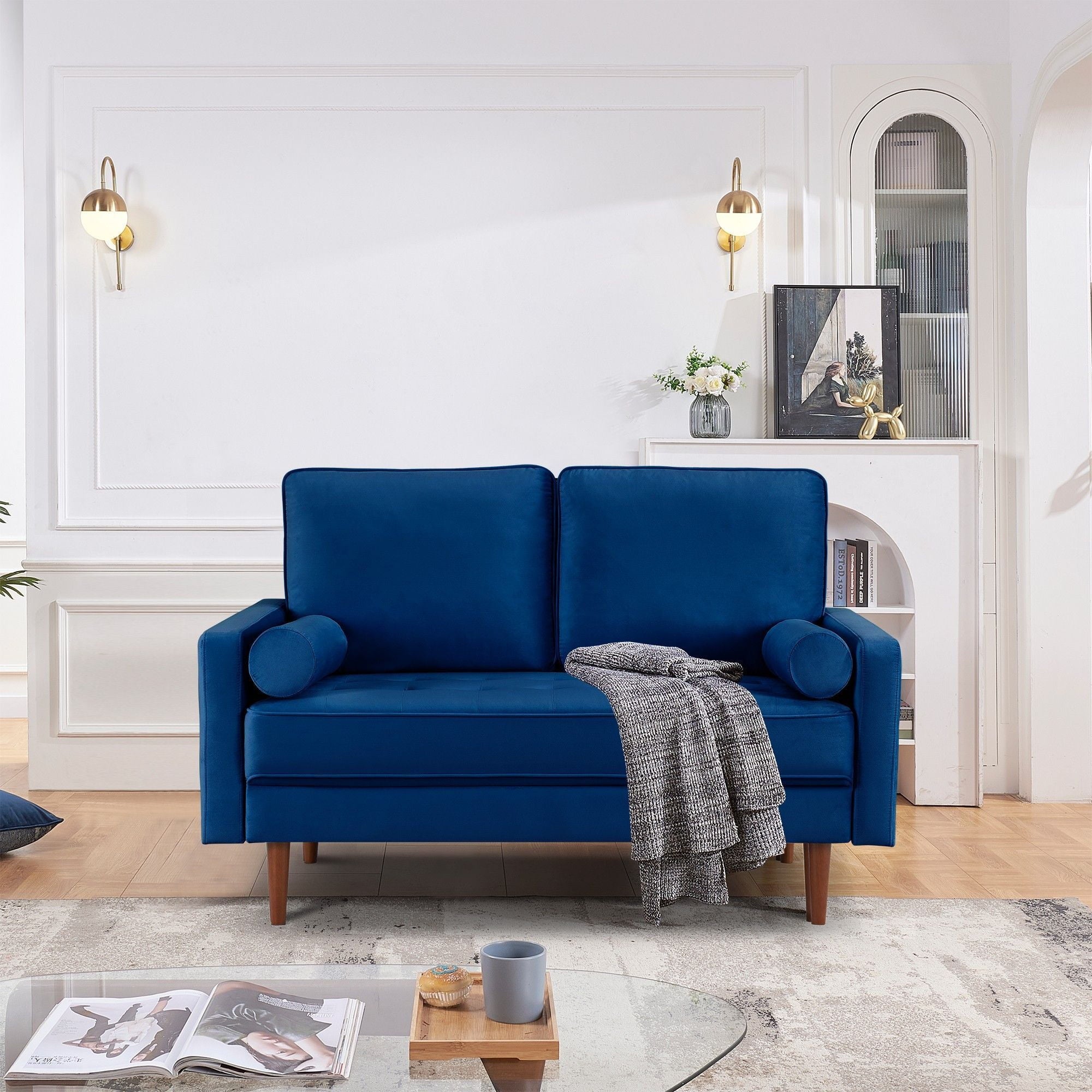 57" Blue and Dark Brown Velvet Love Seat and Toss Pillows