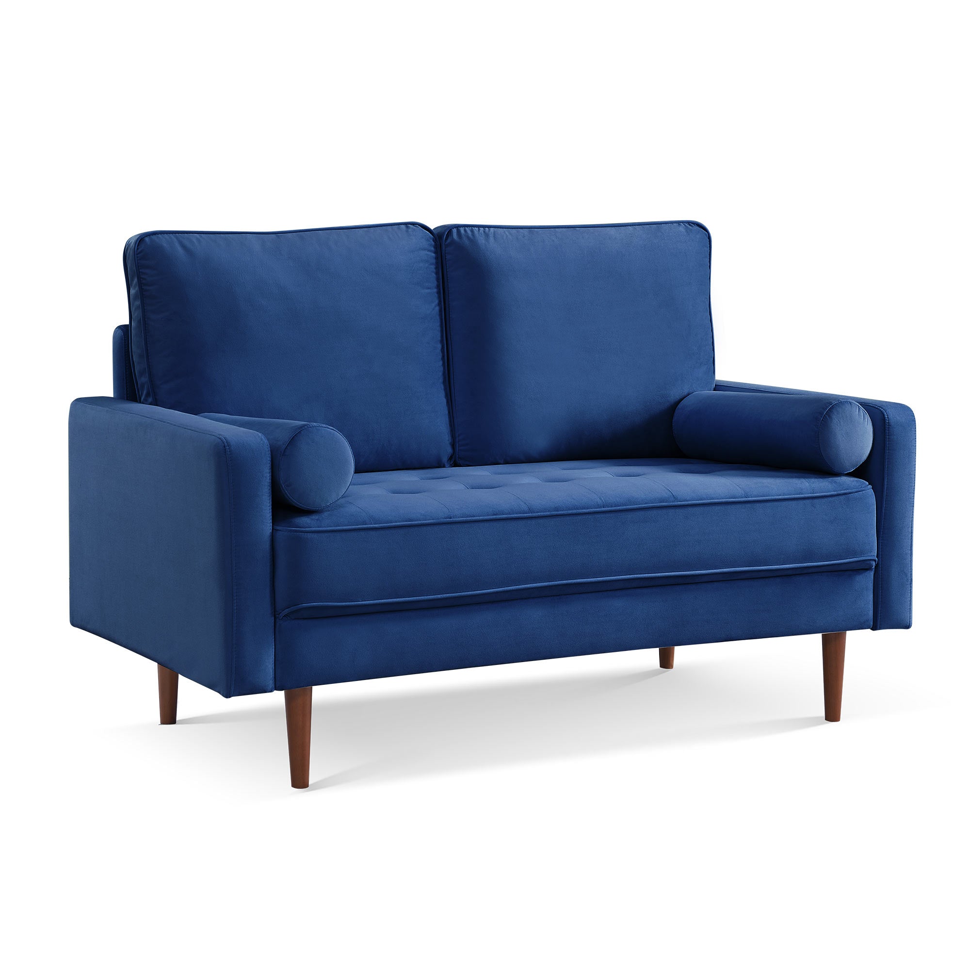 57" Blue and Dark Brown Velvet Love Seat and Toss Pillows