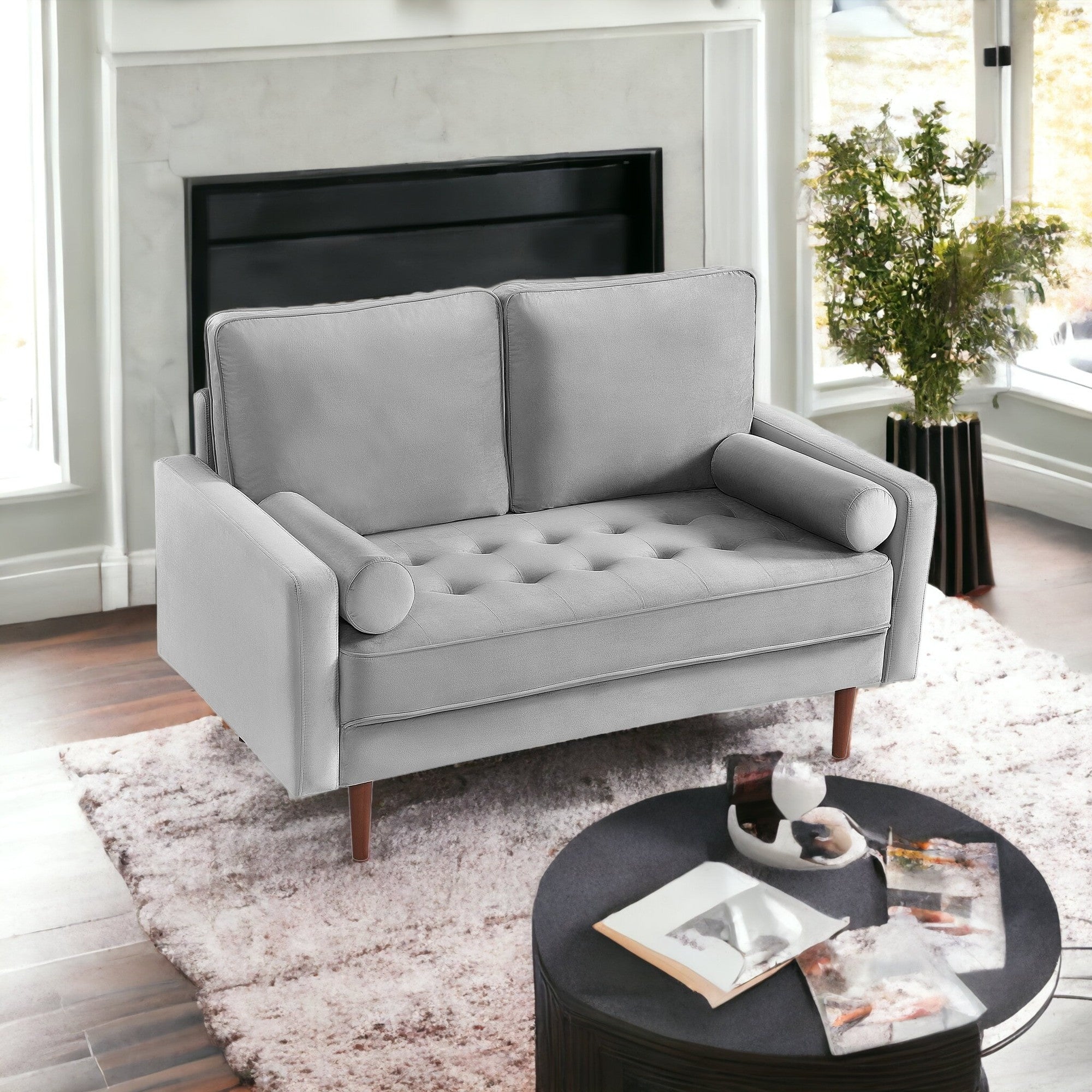 57" Gray and Dark Brown Velvet Love Seat and Toss Pillows