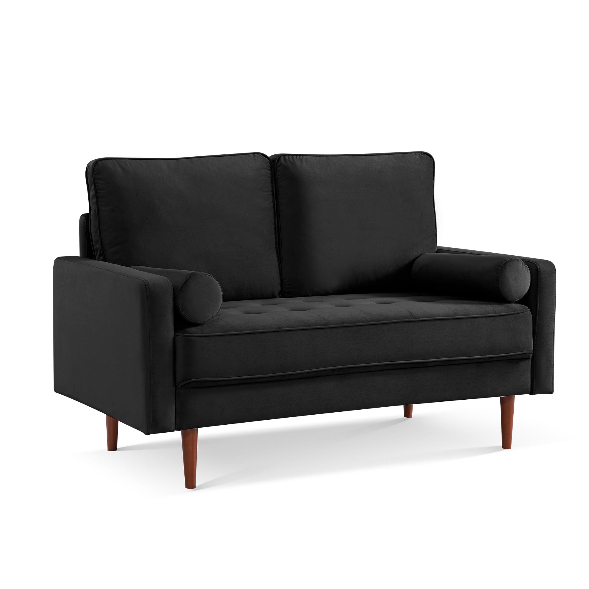 57" Black and Dark Brown Velvet Love Seat and Toss Pillows