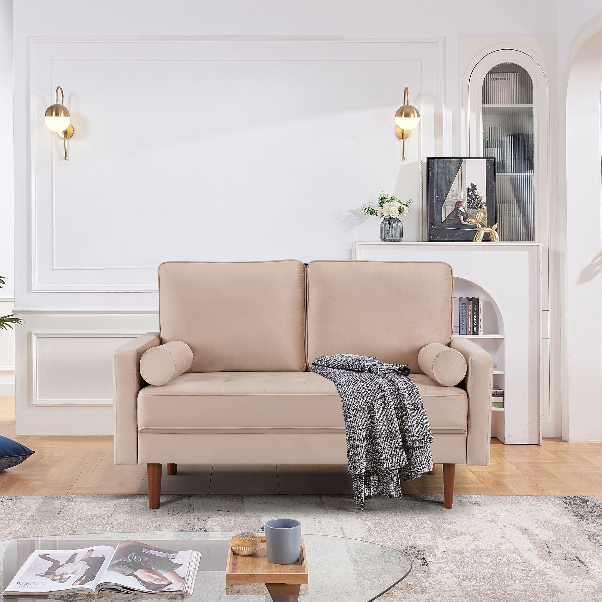 57" Beige and Dark Brown Velvet Love Seat and Toss Pillows