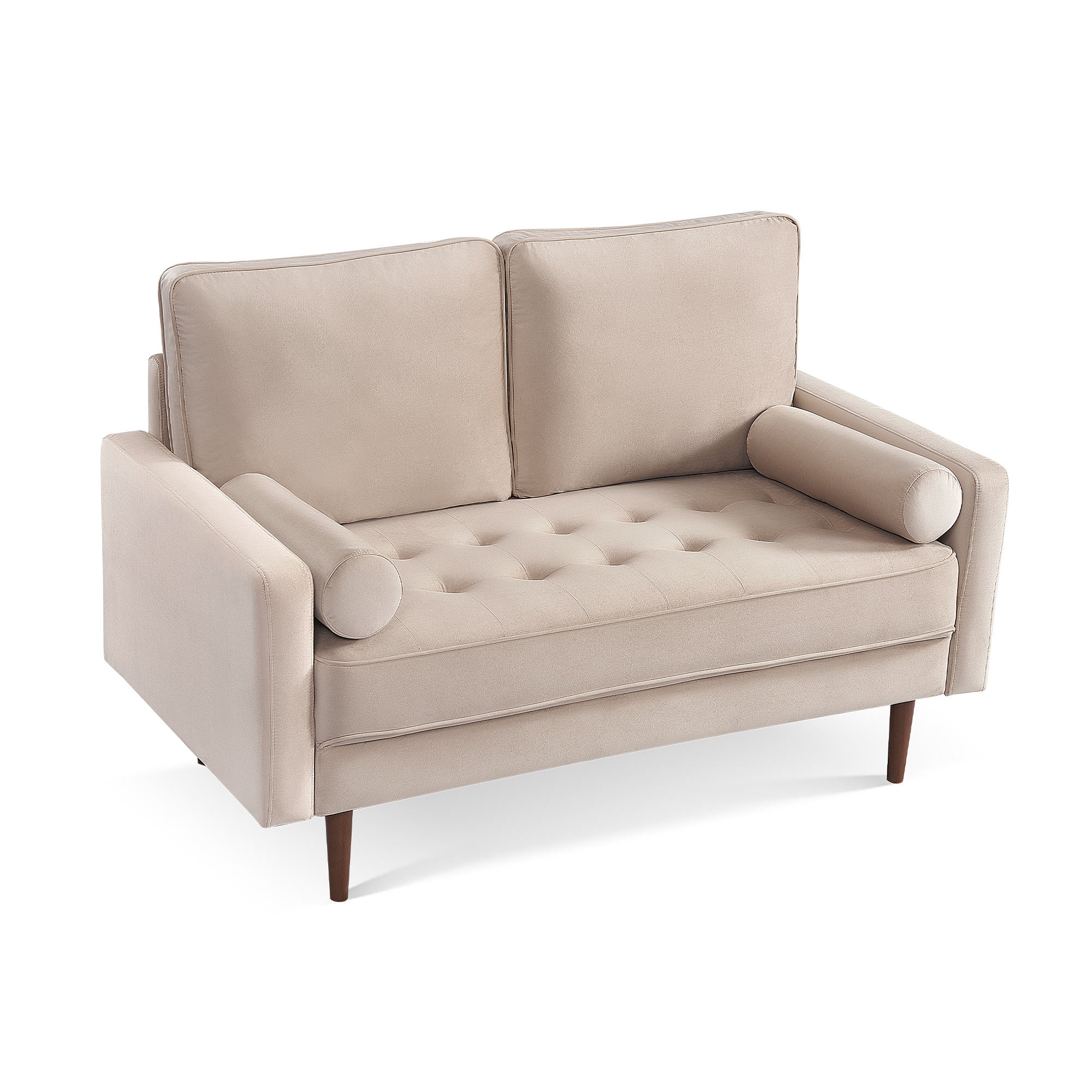 57" Beige and Dark Brown Velvet Love Seat and Toss Pillows