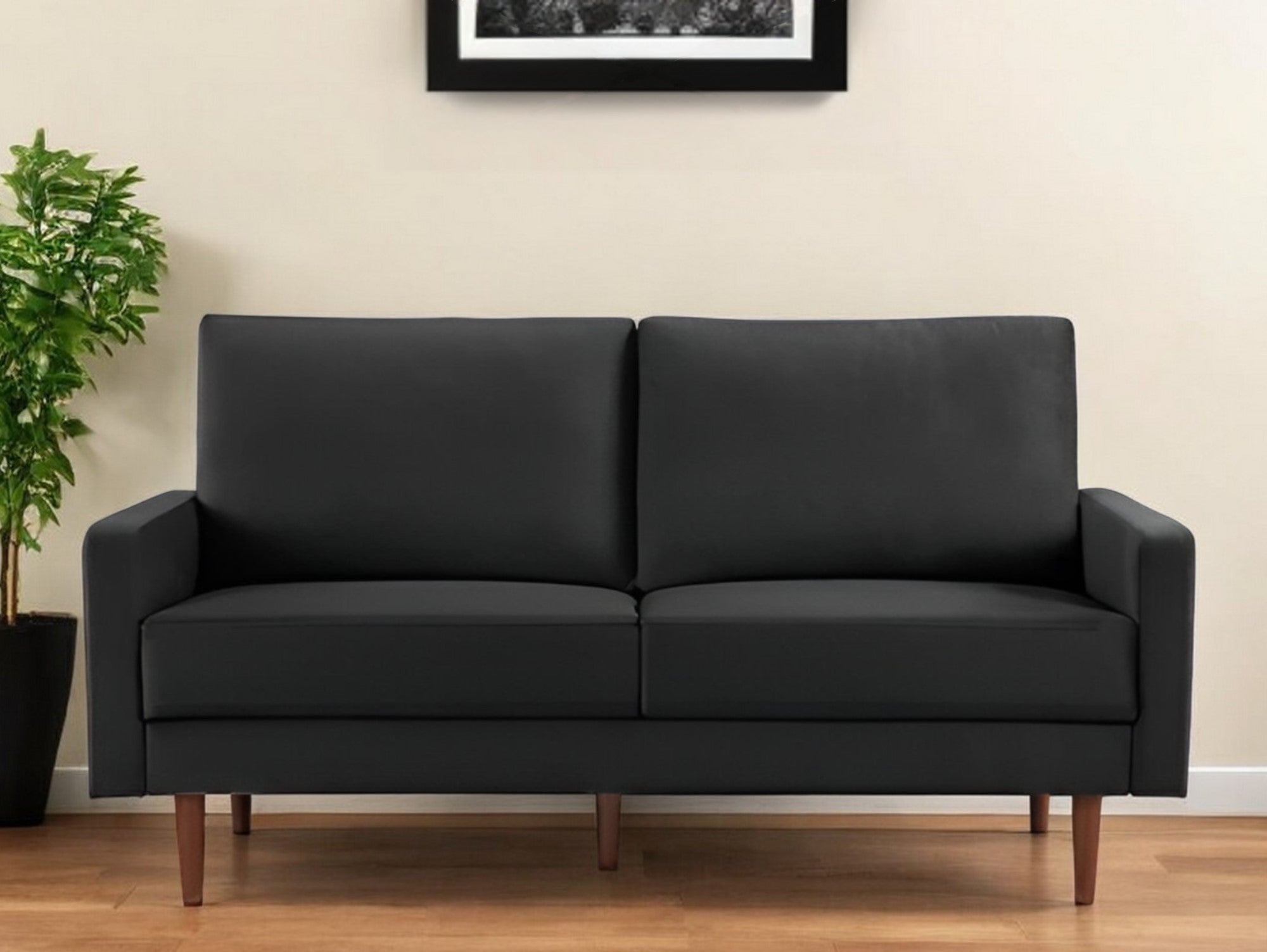 69" Black Velvet and Dark Brown Sofa