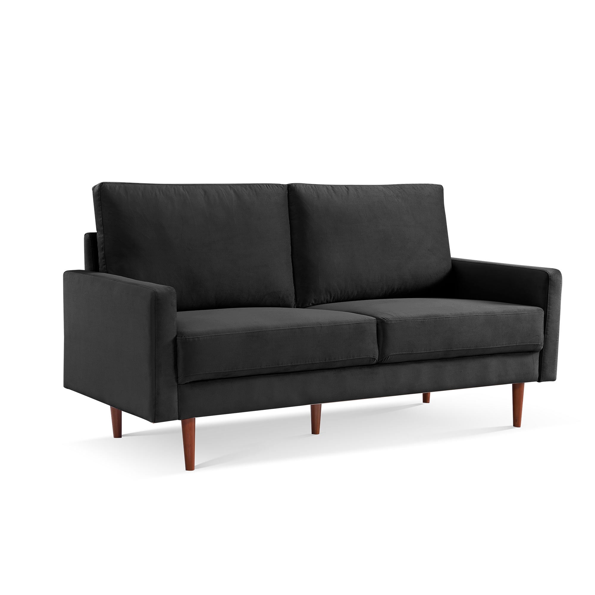 69" Black Velvet and Dark Brown Sofa