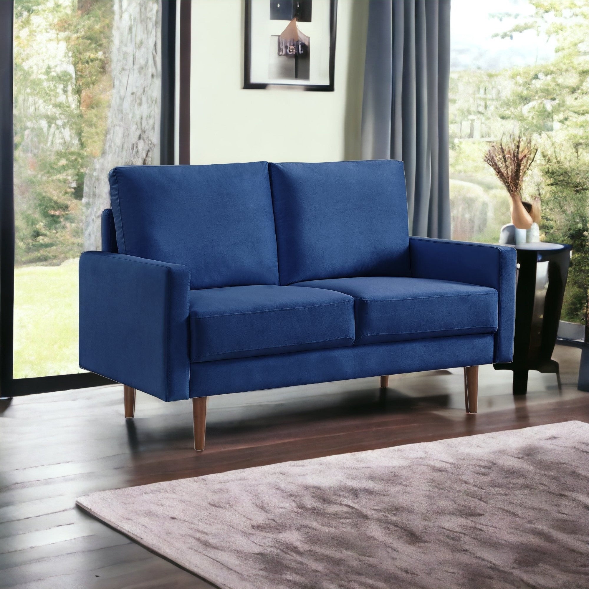 57" Blue and Dark Brown Velvet Love Seat