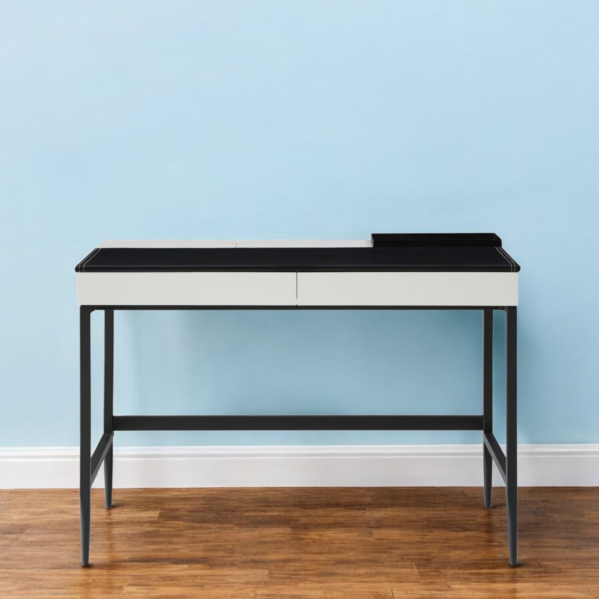 43" Black and White L Shape Writing Desk With Two Drawers