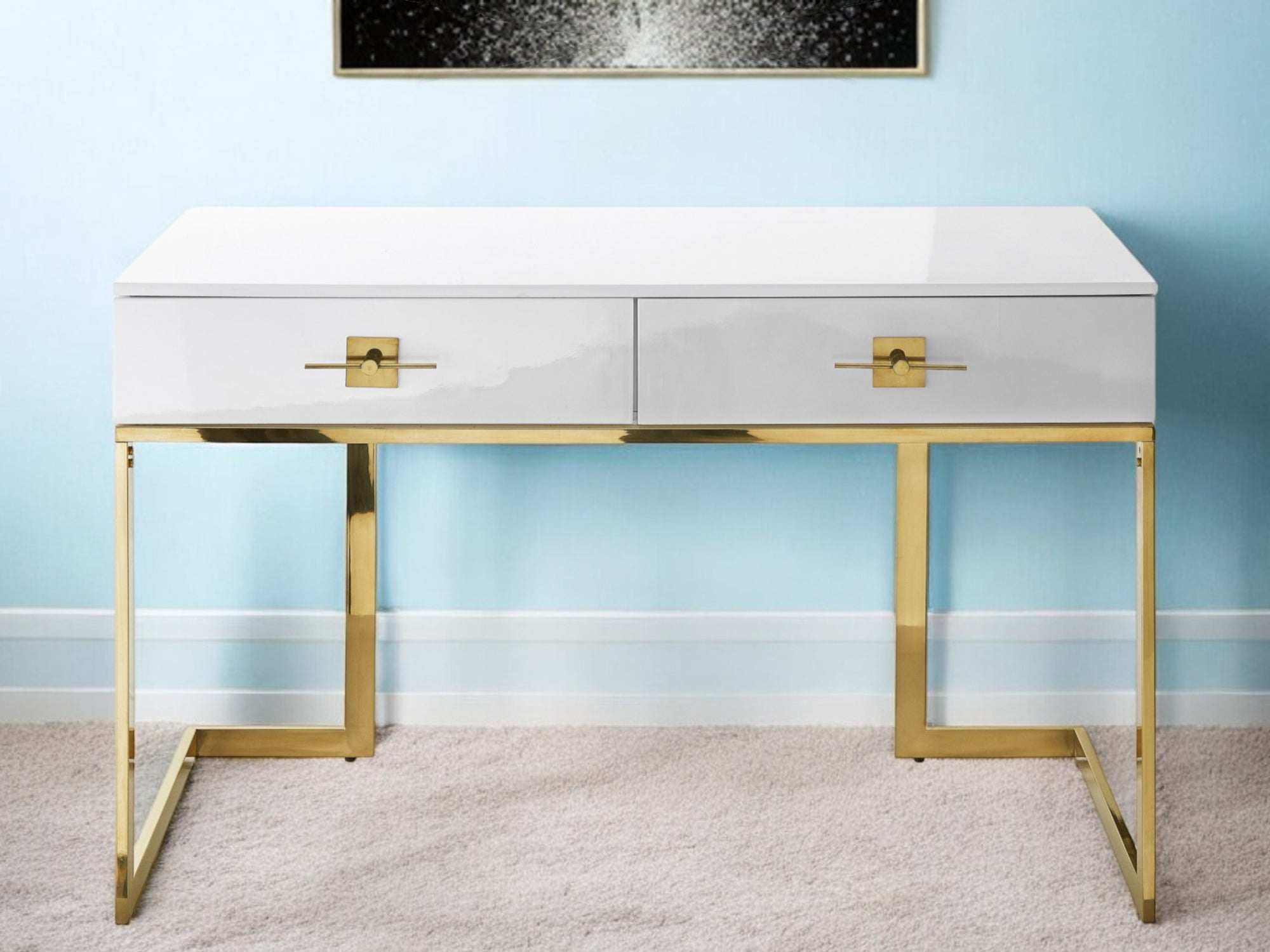 47" White and Silver Metallic Writing Desk With Two Drawers