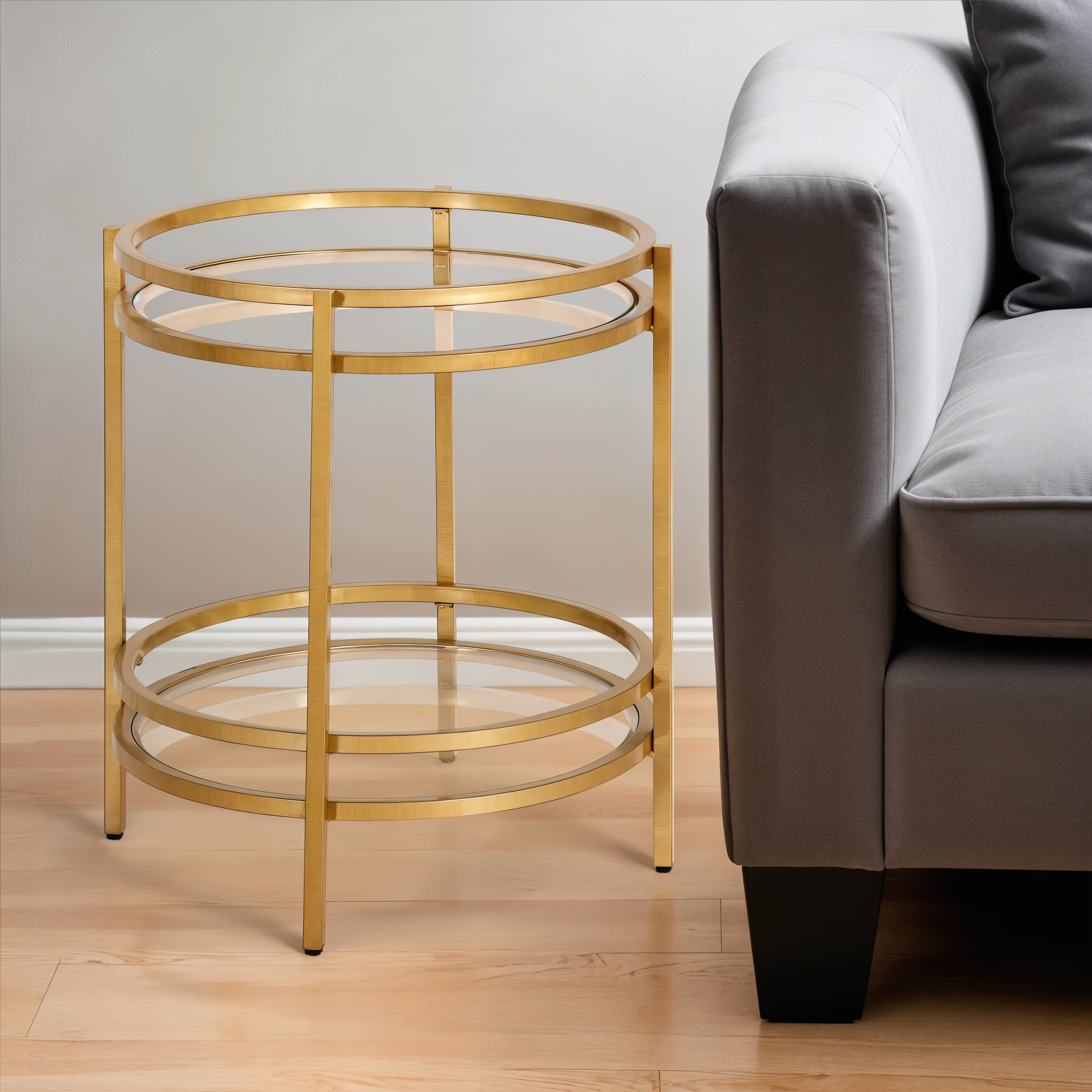 22" Brass And Clear Glass And Steel Round End Table With Shelf