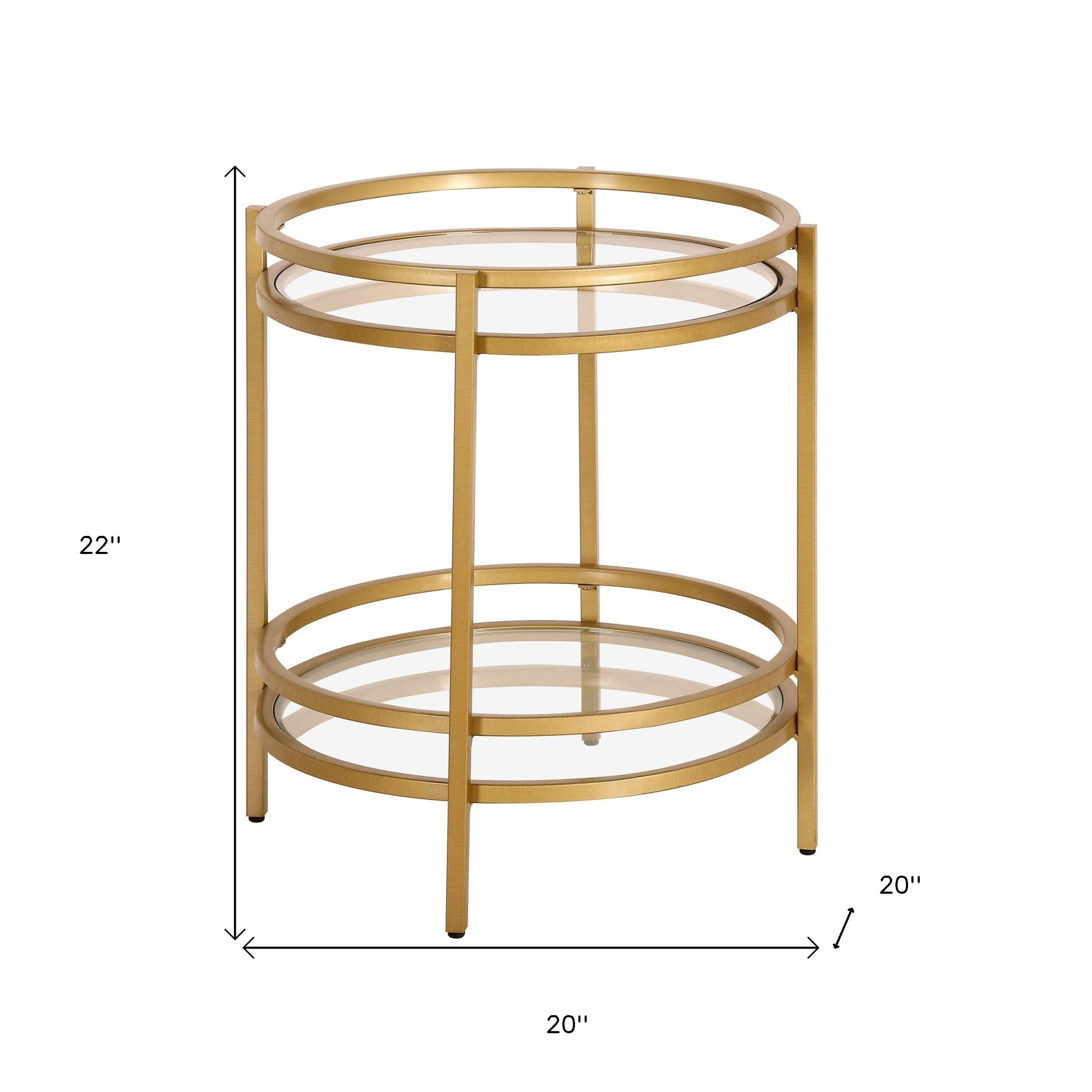 22" Brass And Clear Glass And Steel Round End Table With Shelf