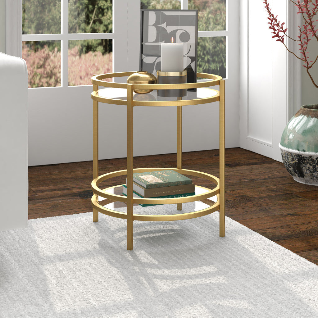 22" Brass And Clear Glass And Steel Round End Table With Shelf