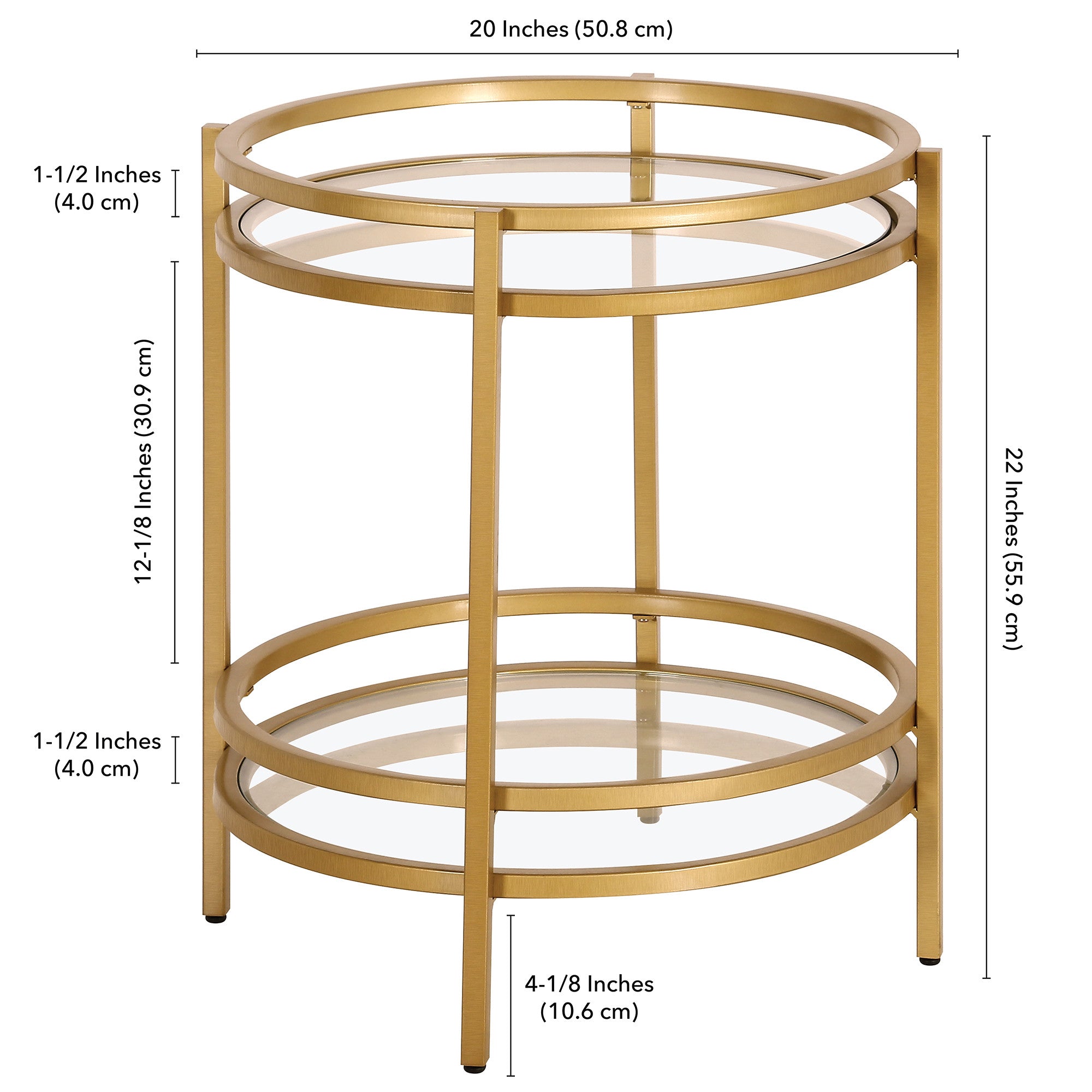 22" Brass And Clear Glass And Steel Round End Table With Shelf