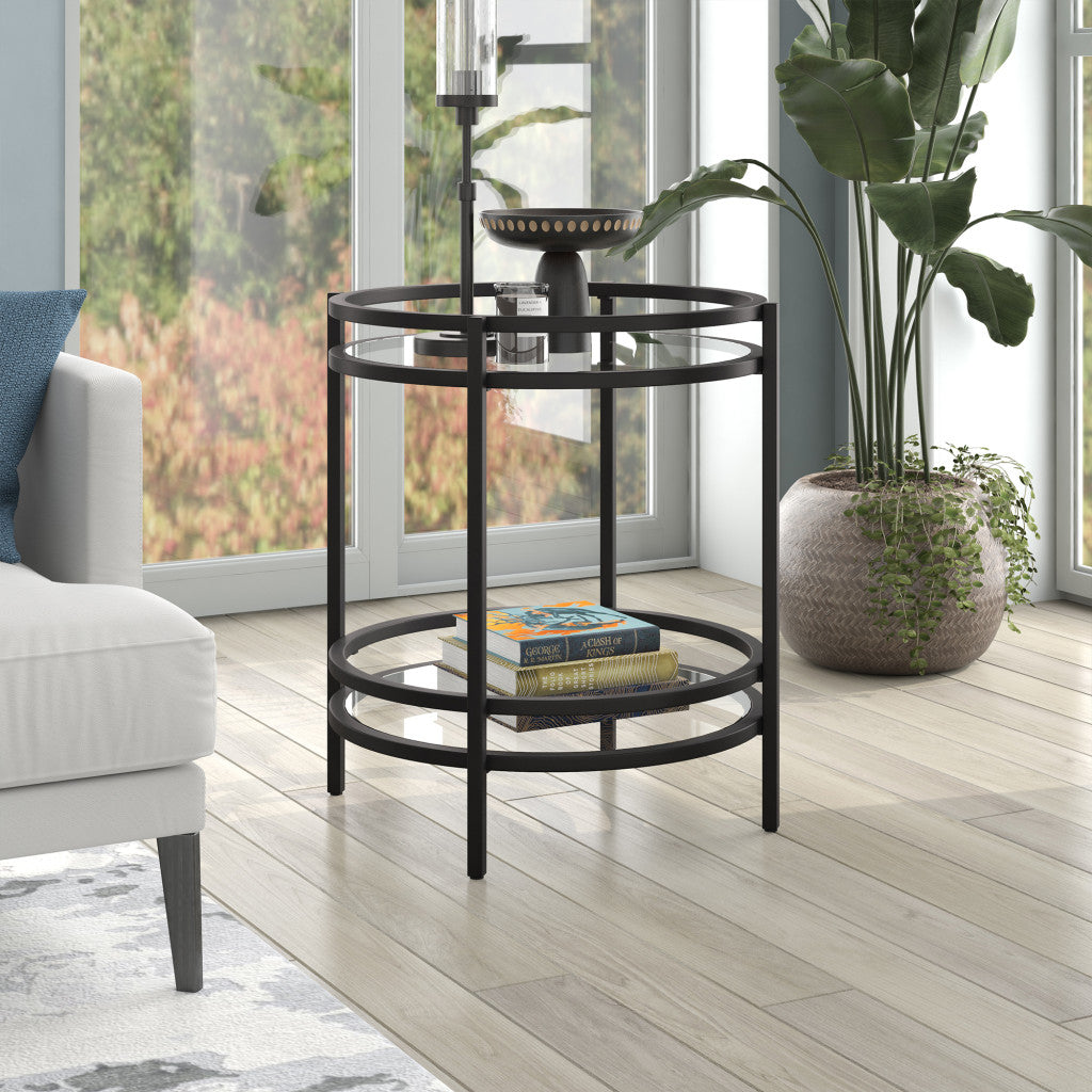 22" Black And Clear Glass And Steel Round End Table With Shelf