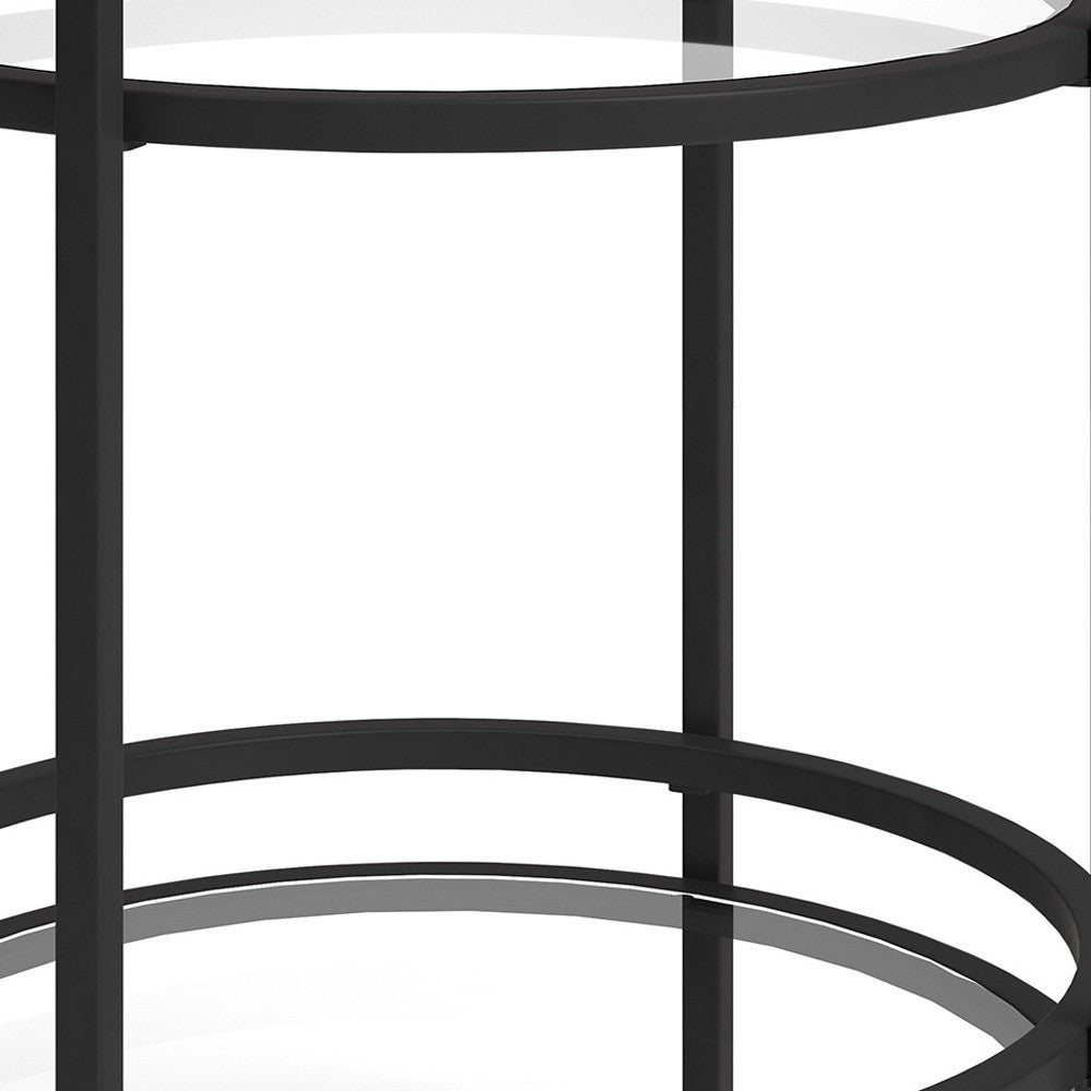 22" Black And Clear Glass And Steel Round End Table With Shelf